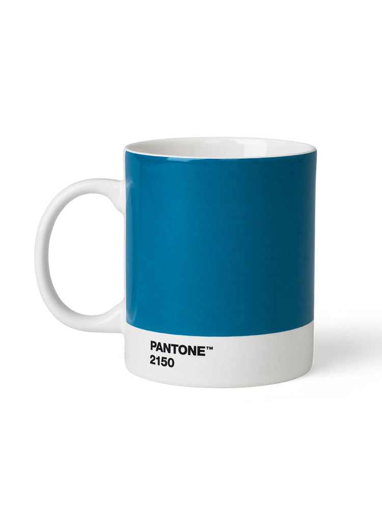Mug with a blue body, white handle, rim, and bottom stripe featuring "PANTONE 2150" in black text.