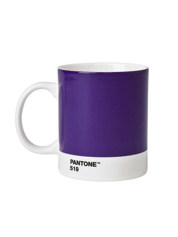 Pantone 519 purple mug with a white handle, interior, and lower band displaying "PANTONE™ 519" in black text.