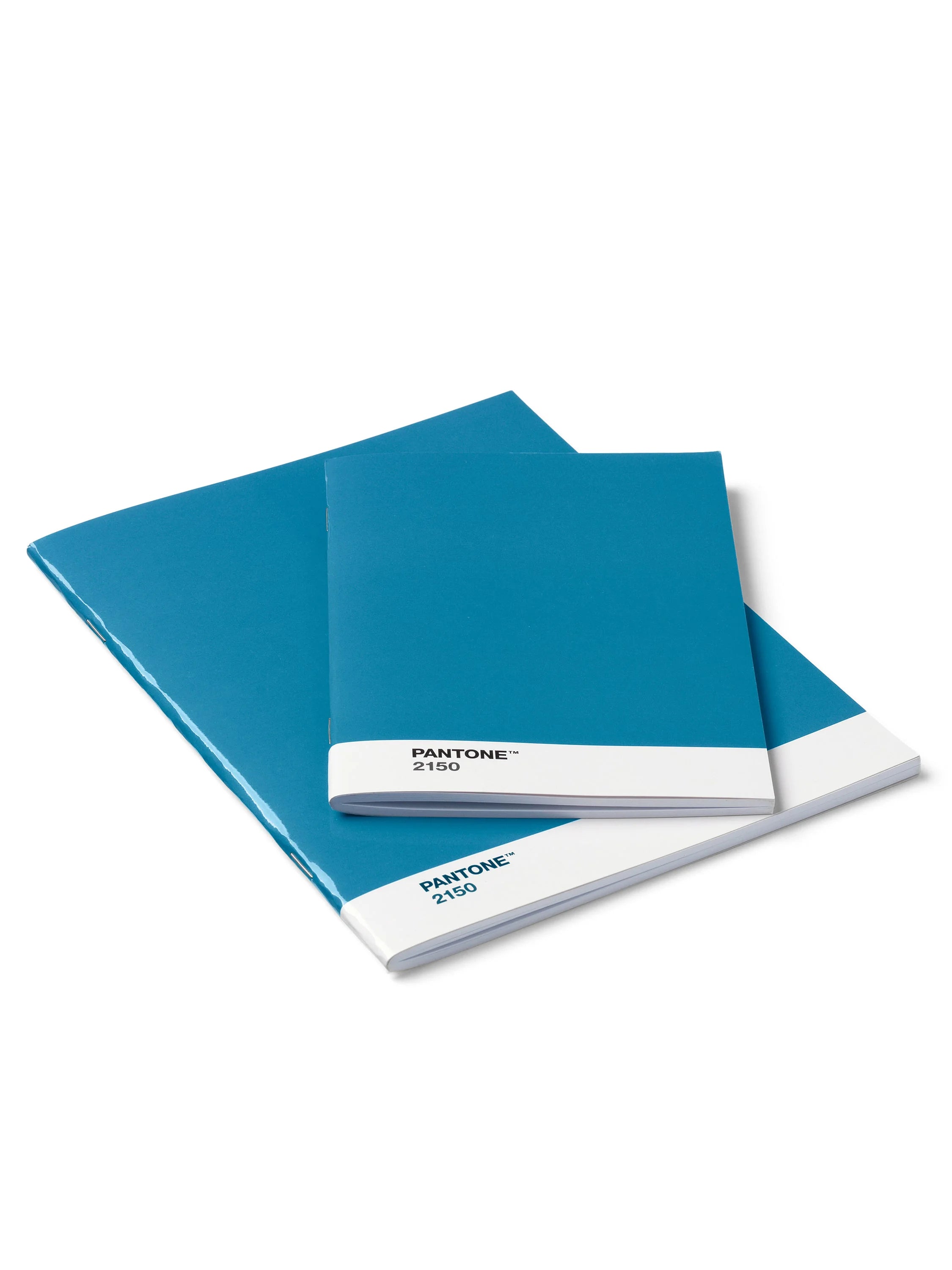 Two teal notebooks stacked; smaller on top. Both have white Pantone 2150 label.