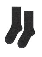 A pair of dark gray, heathered, ribbed knit crew socks, laid flat.