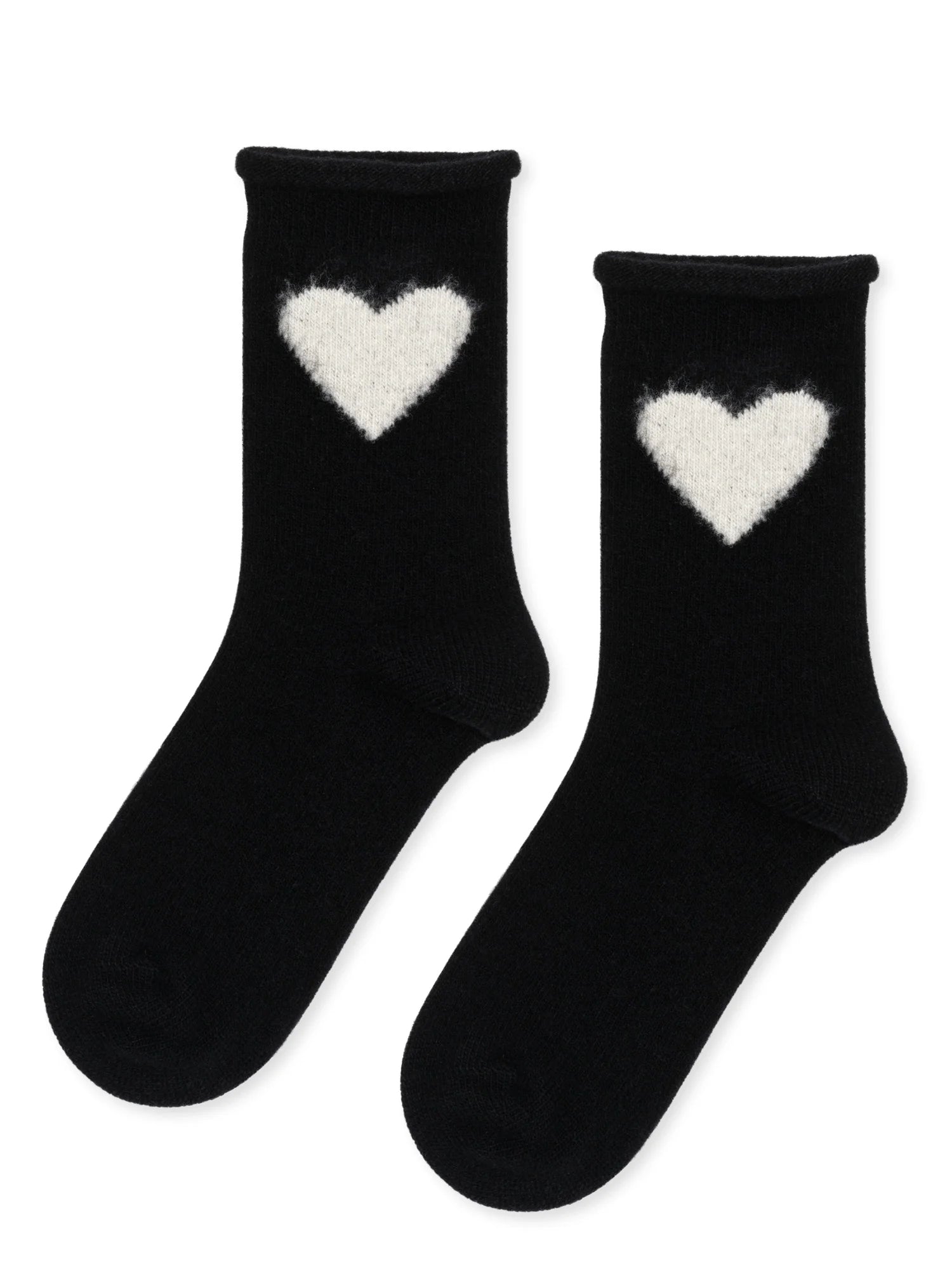 A pair of black crew socks, each with a white heart design near the cuff.