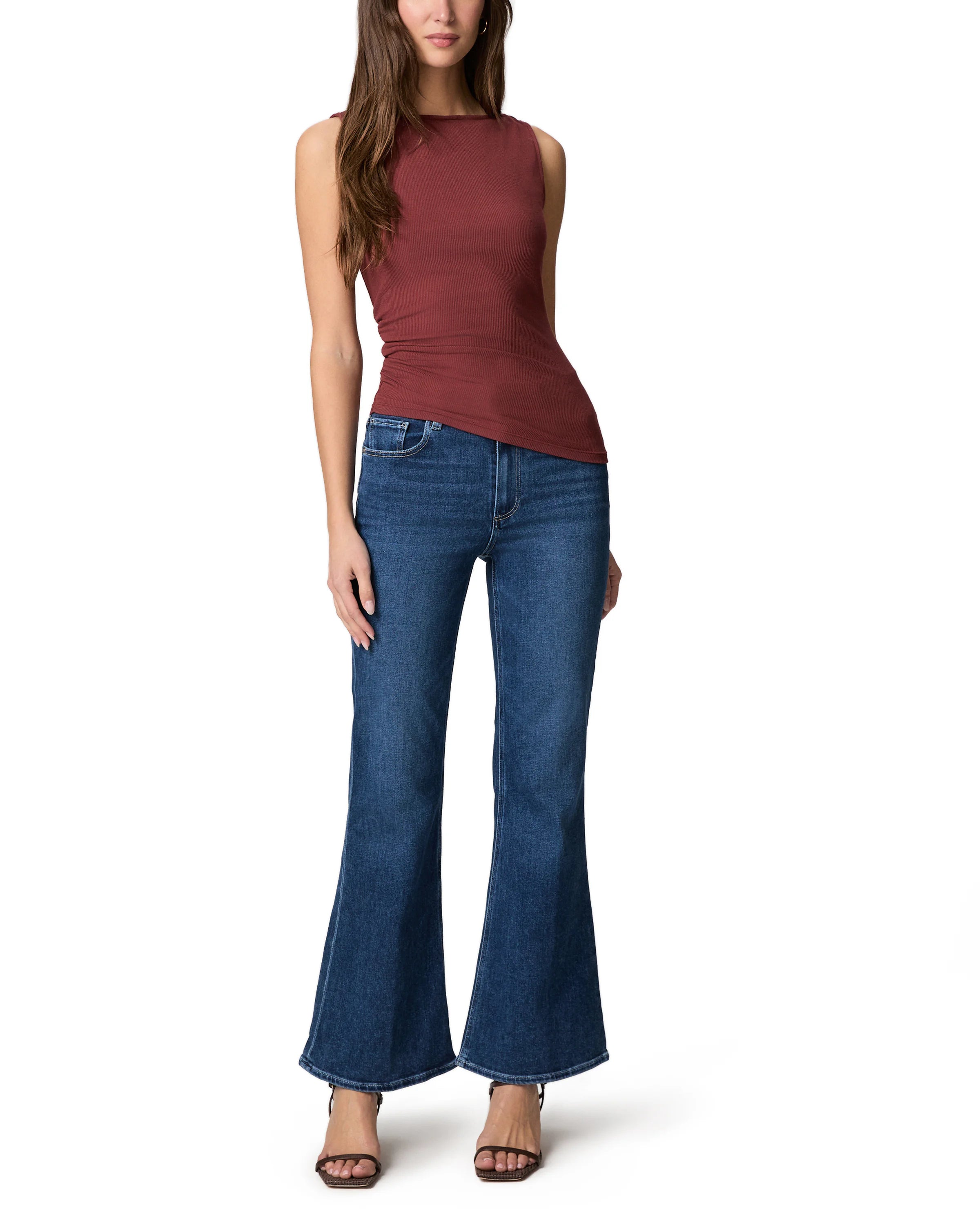 Paige Marlow Skimmer Jean: Medium blue wash, high-waisted, flared fit with cropped ankles.