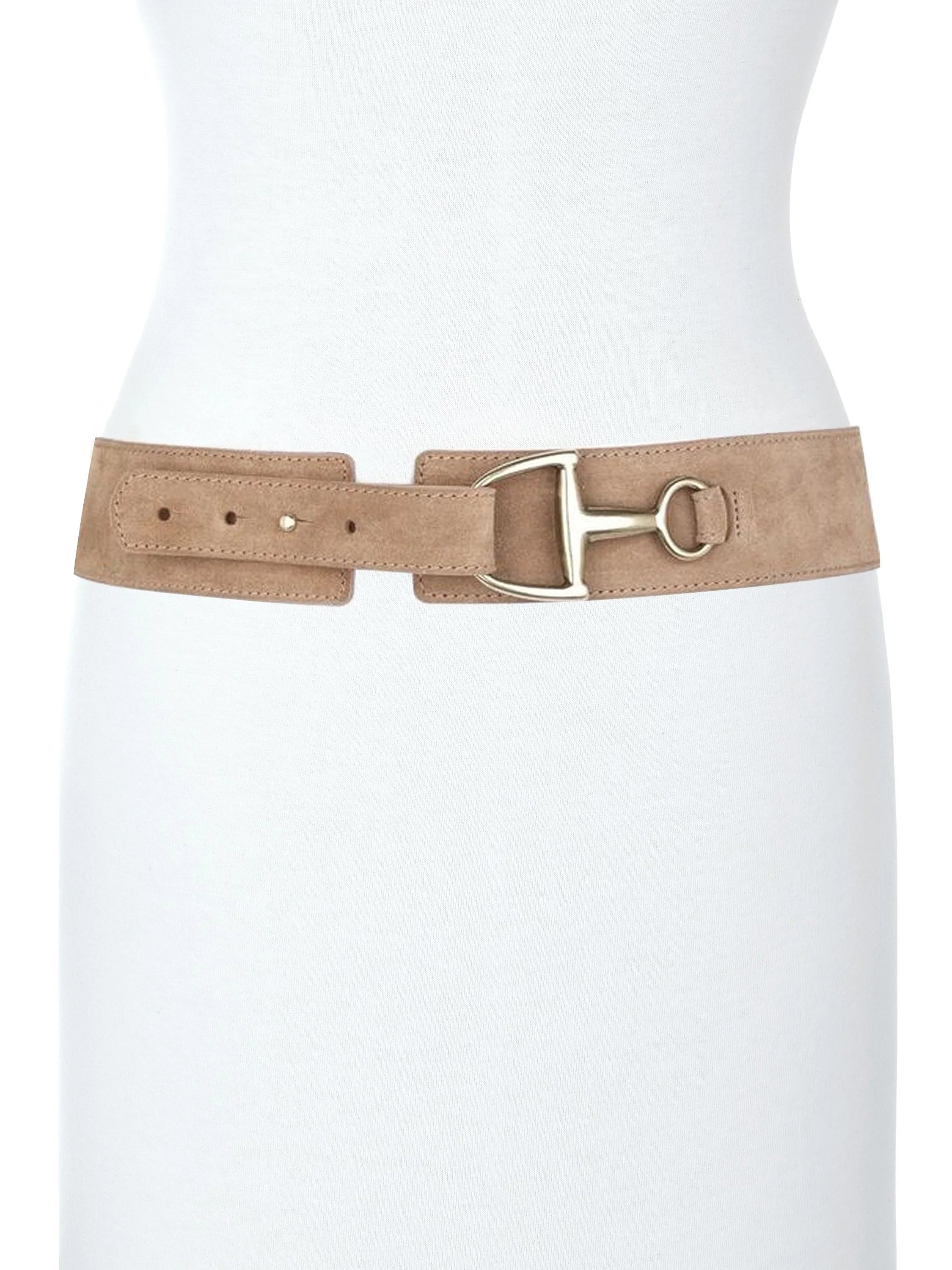 Beige suede belt with gold-tone equestrian buckle.