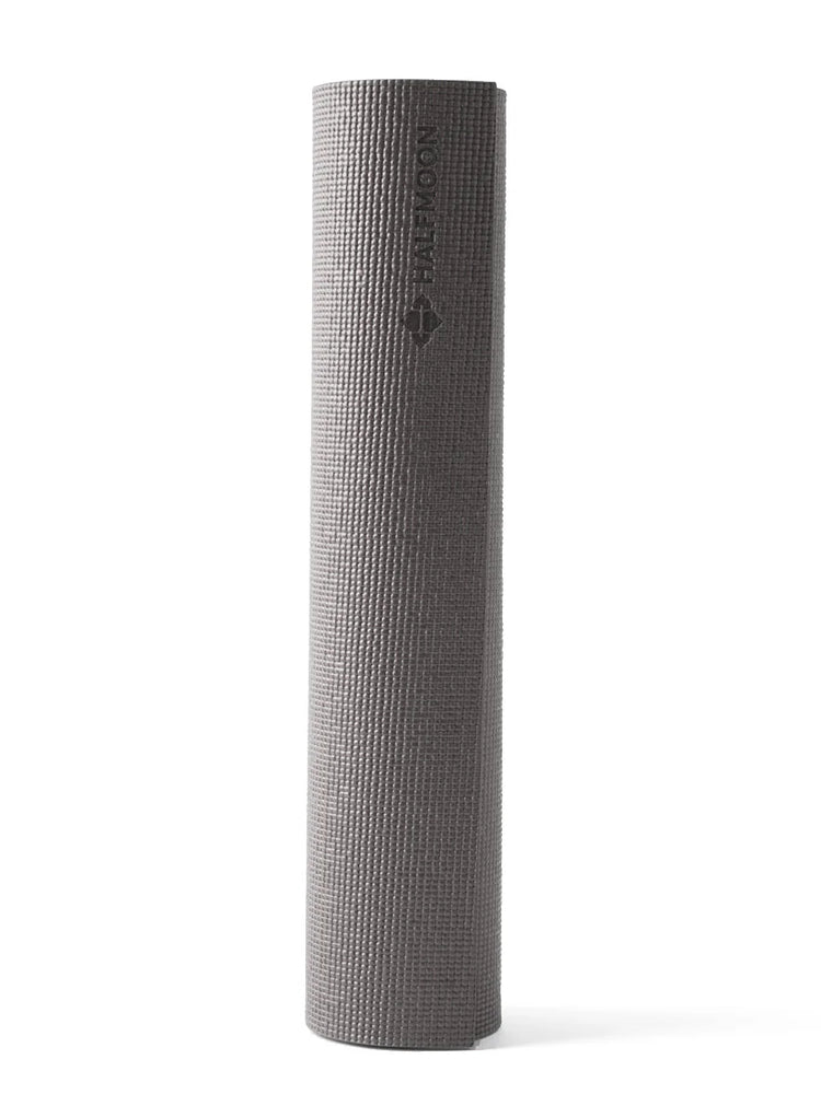 Dark gray yoga mat rolled up; textured surface; "Half Moon" logo embossed.