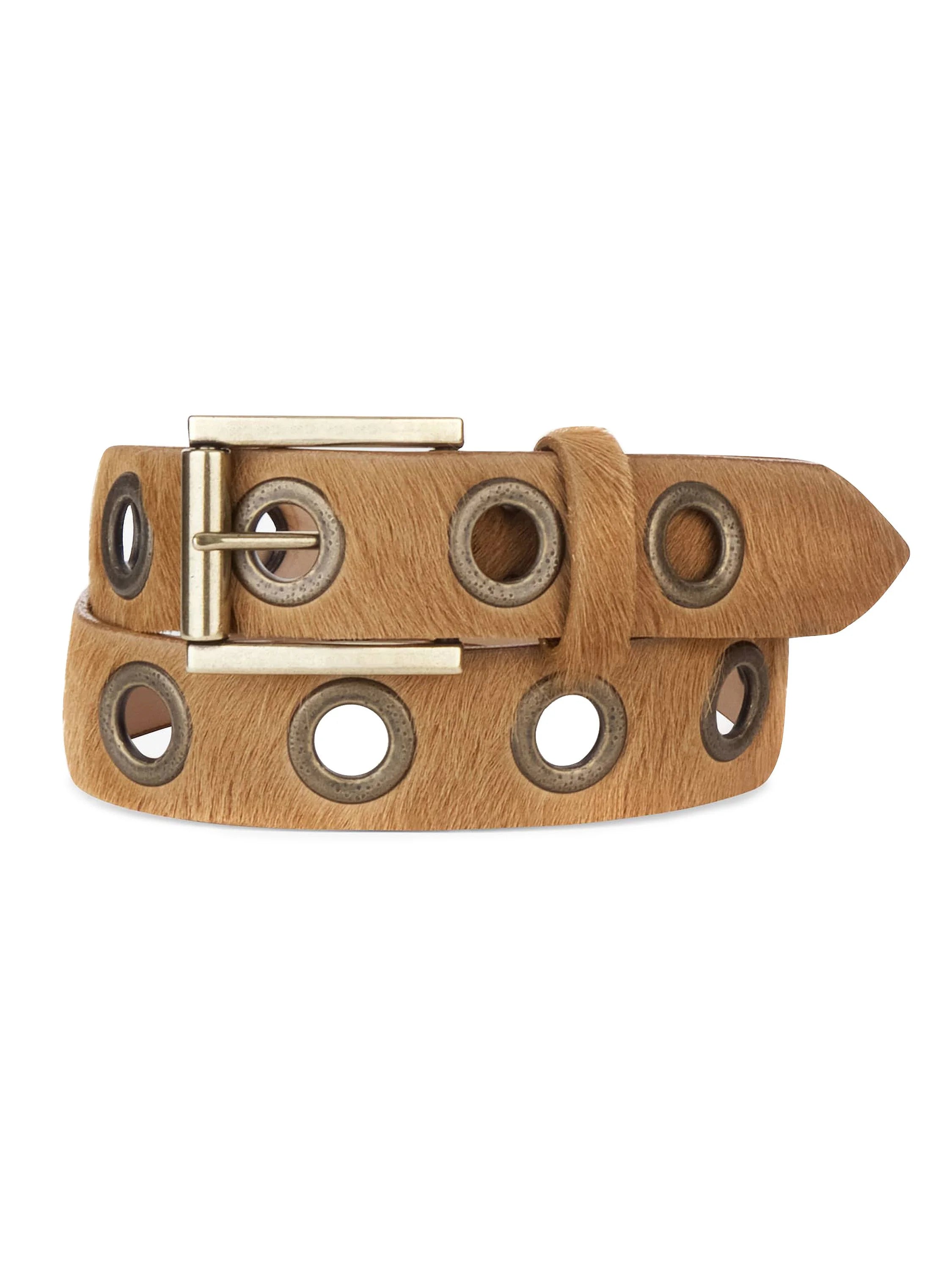 Light brown leather belt with gold buckle and dark metal eyelets.