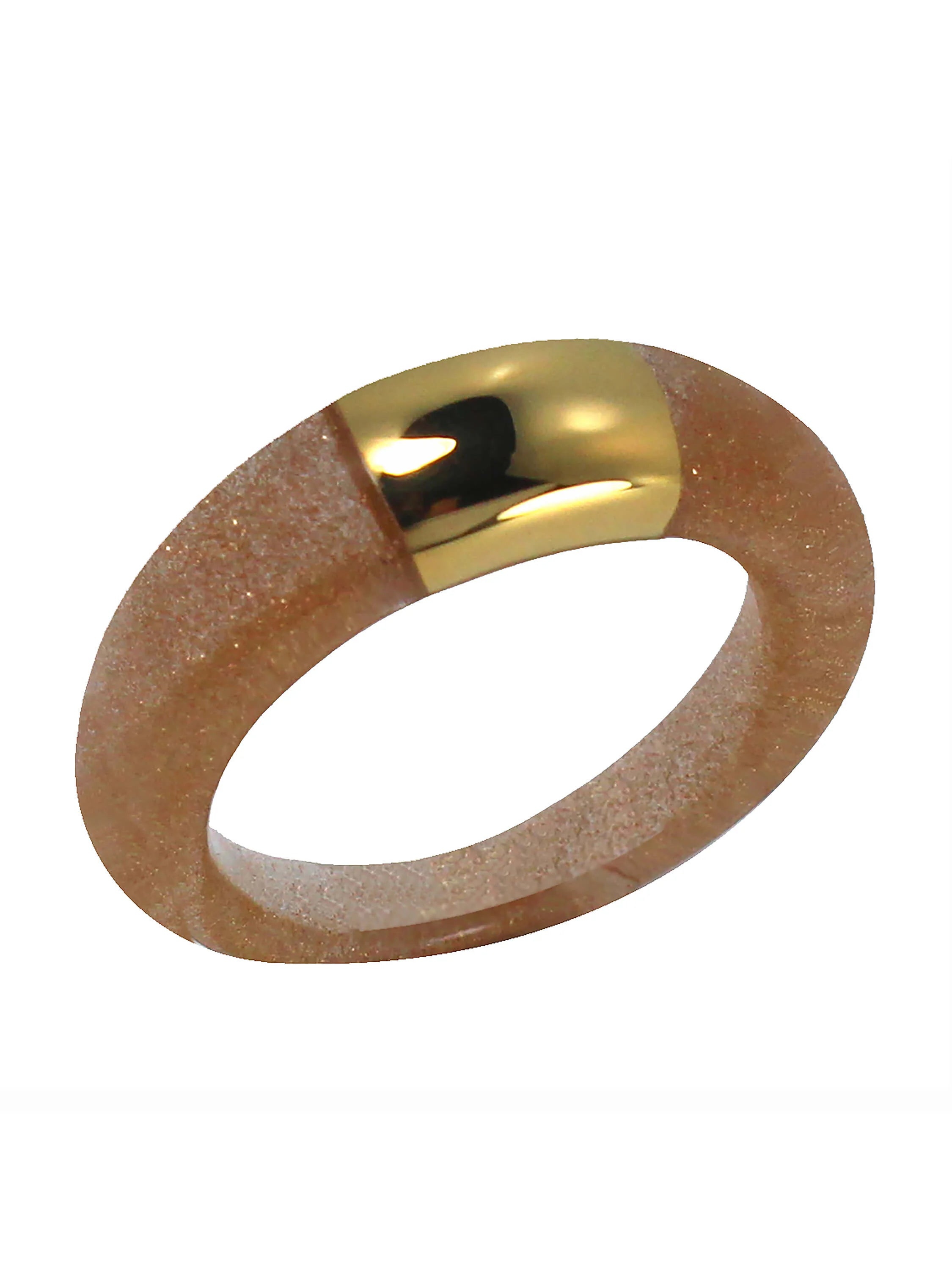 Glittery amber translucent resin band ring with a wide, polished gold-tone metal center.