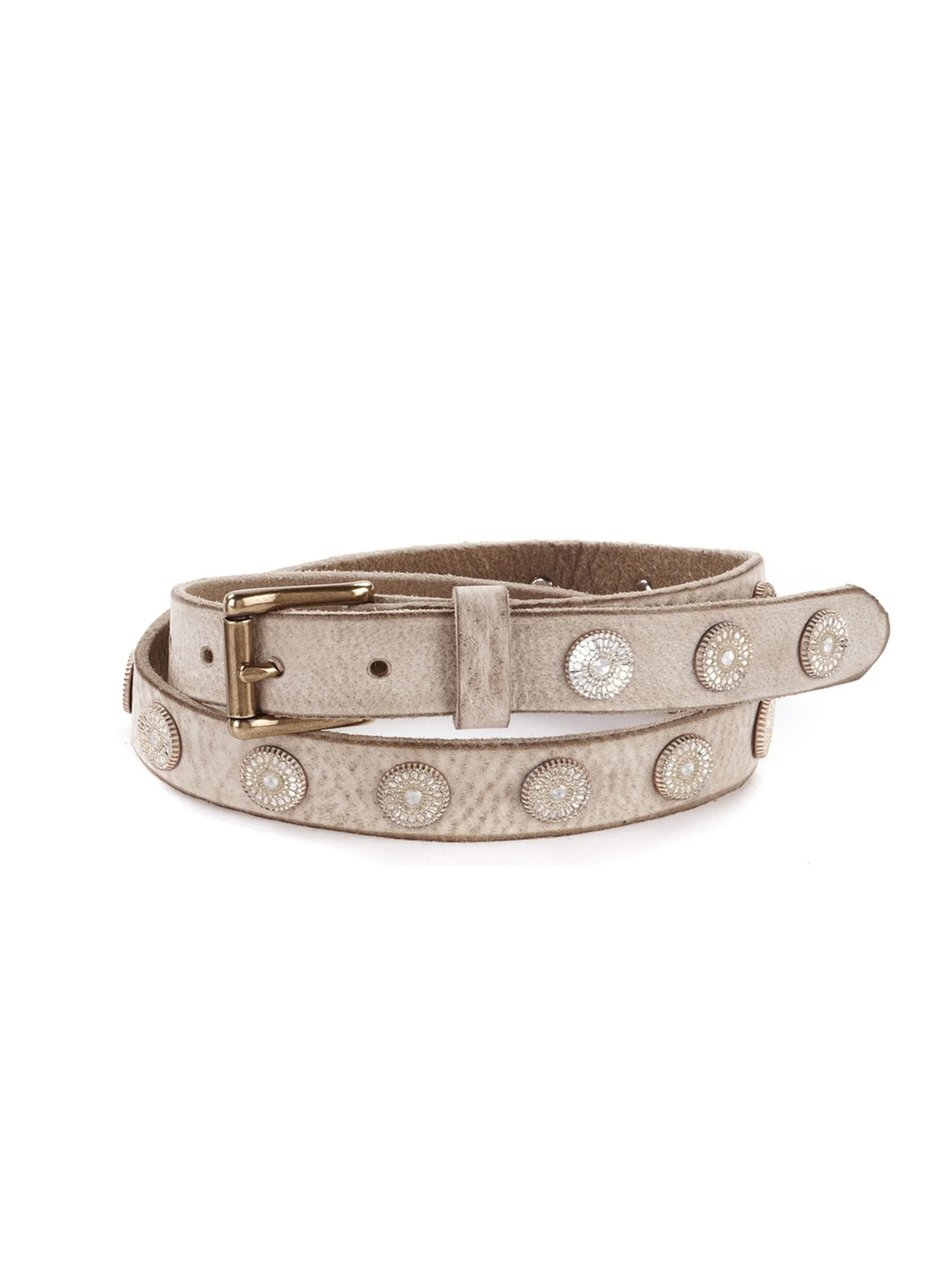 Light beige leather belt with a gold buckle and round, silver-tone studs featuring clear rhinestones.