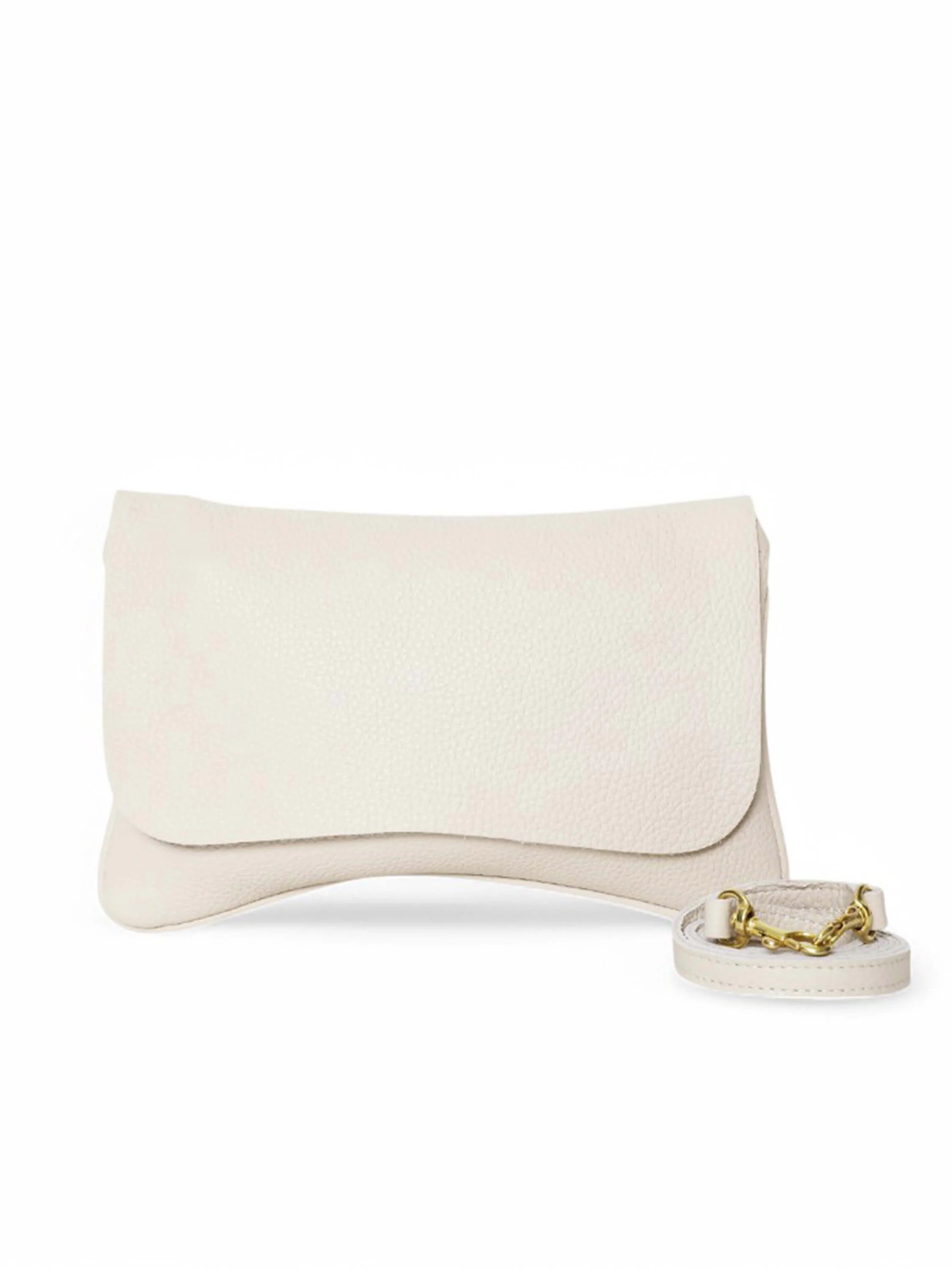 Off-white leather crossbody bag with a gold chain strap. The bag is rectangular with a slightly curved bottom.