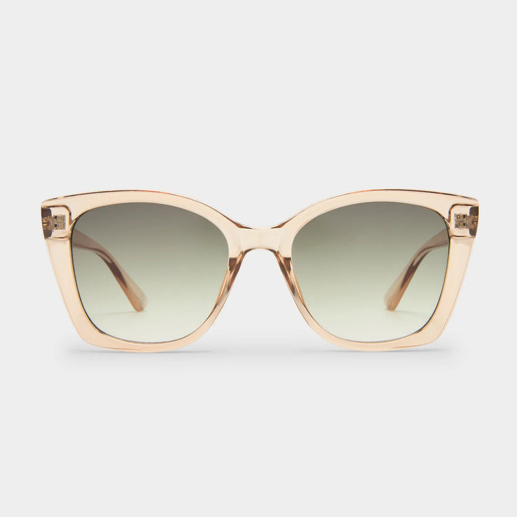 These square sunglasses feature transparent peach acetate frames with green gradient lenses for a stylish, oversized look.