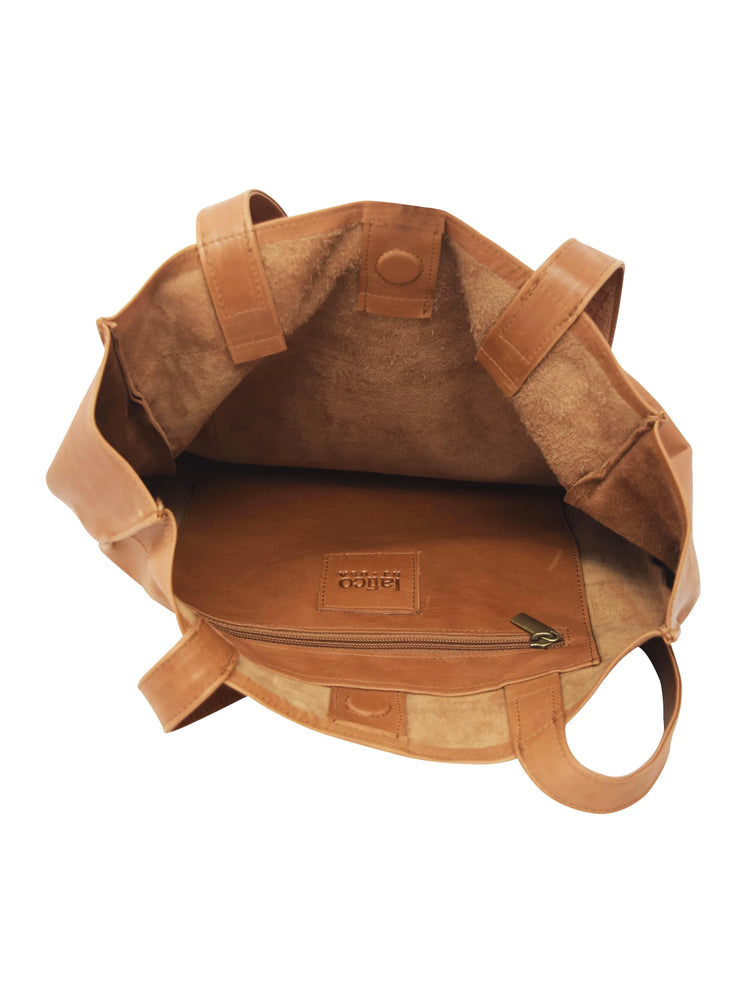 Light brown leather tote bag; top view shows interior lining and zippered pocket.