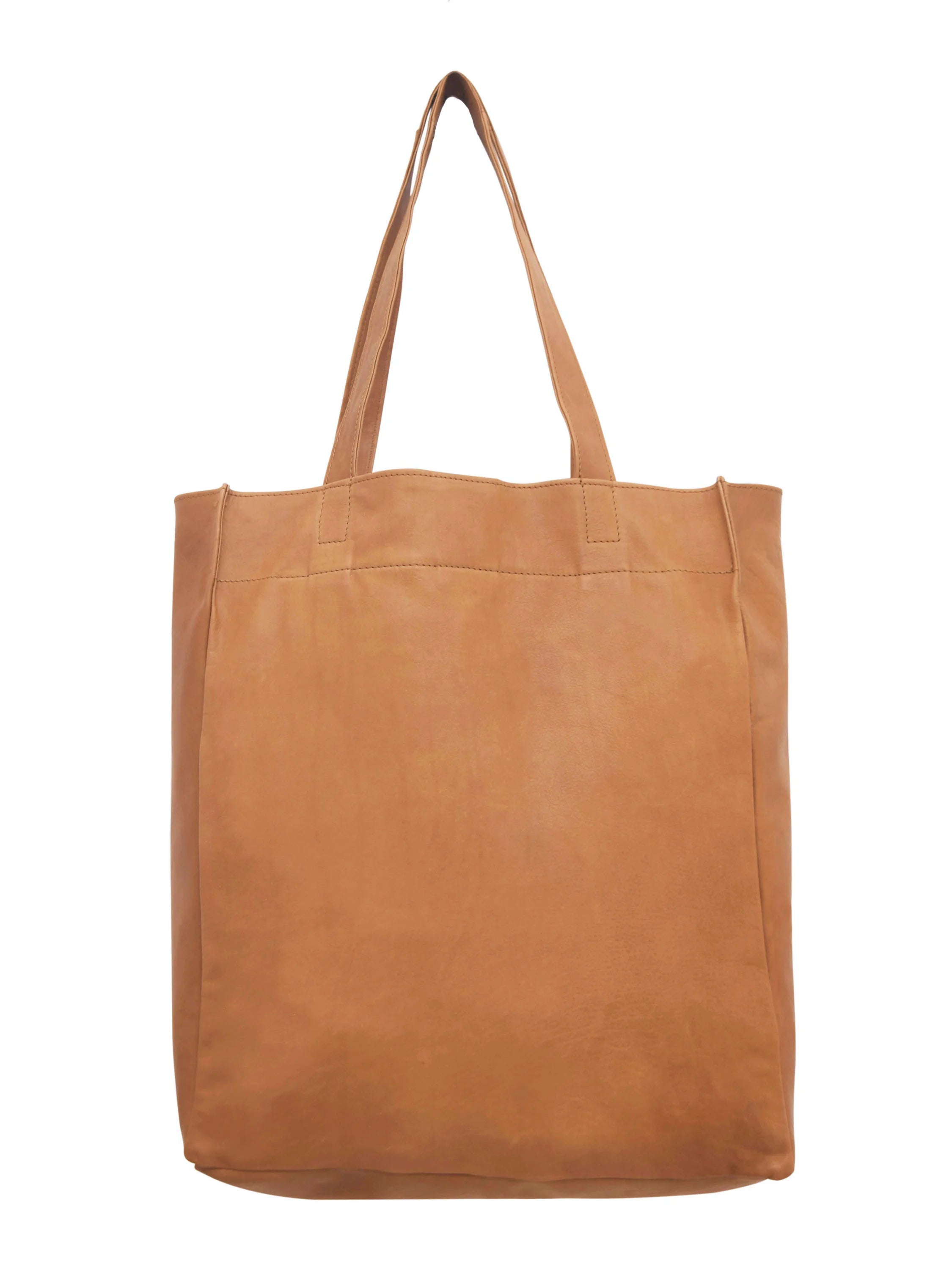 Light brown leather tote bag with two shoulder straps.