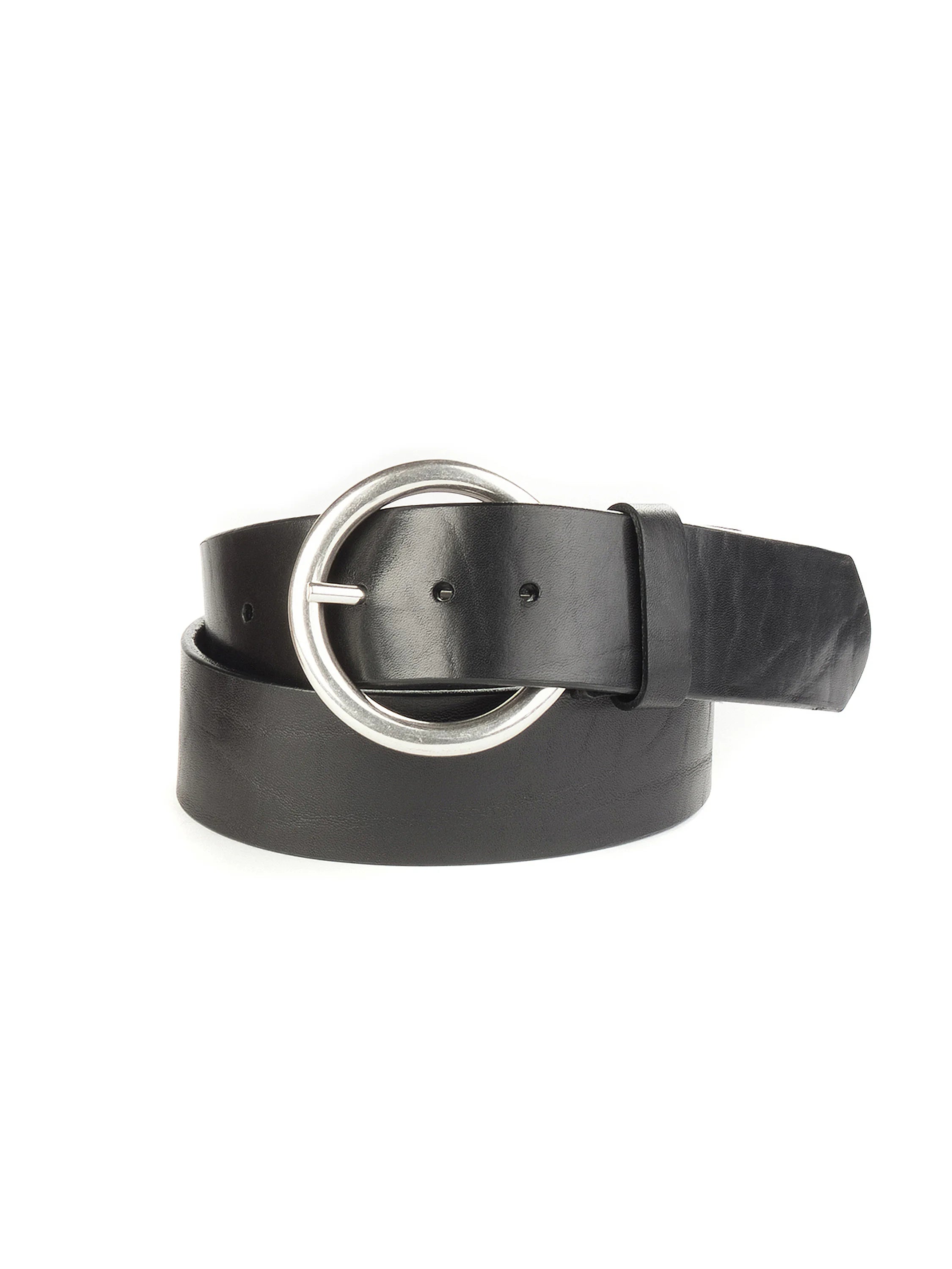 Black leather belt with a silver circular buckle.