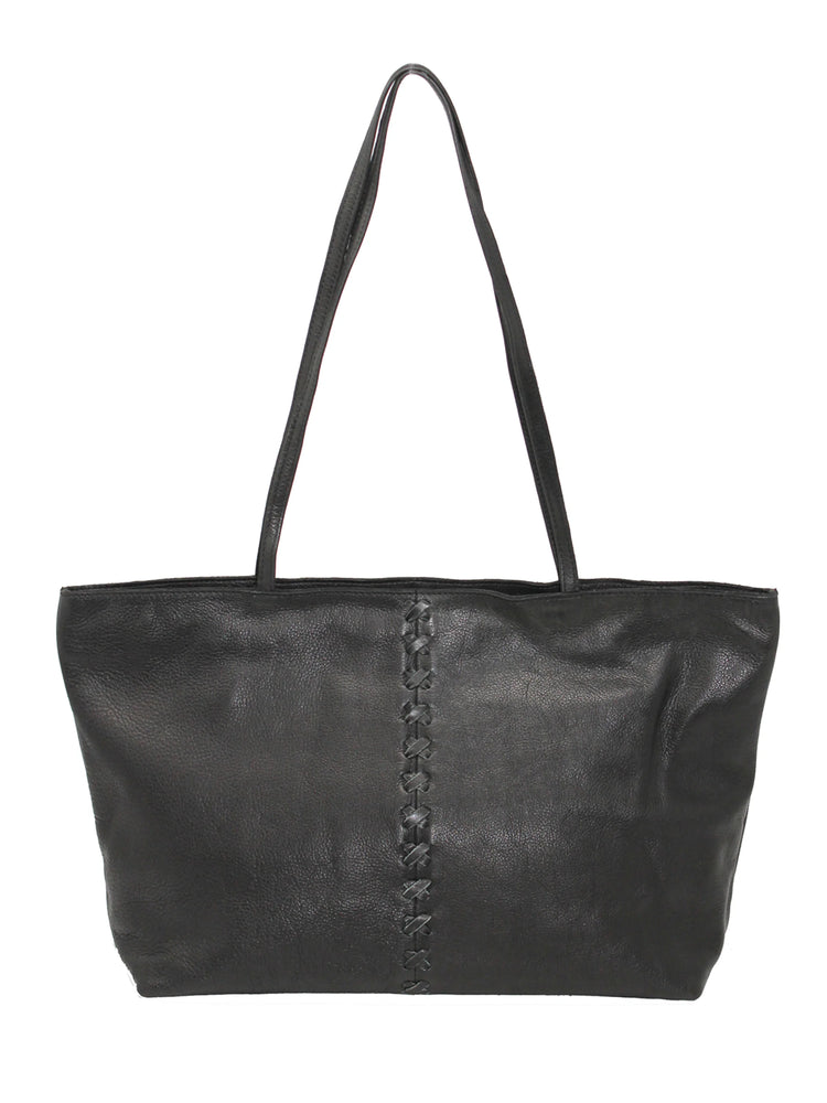 Black leather tote bag with braided detail down the center. Two shoulder straps.
