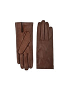 Two dark brown leather gloves. One displays a wrist strap; the other shows the back of the hand and fingers.