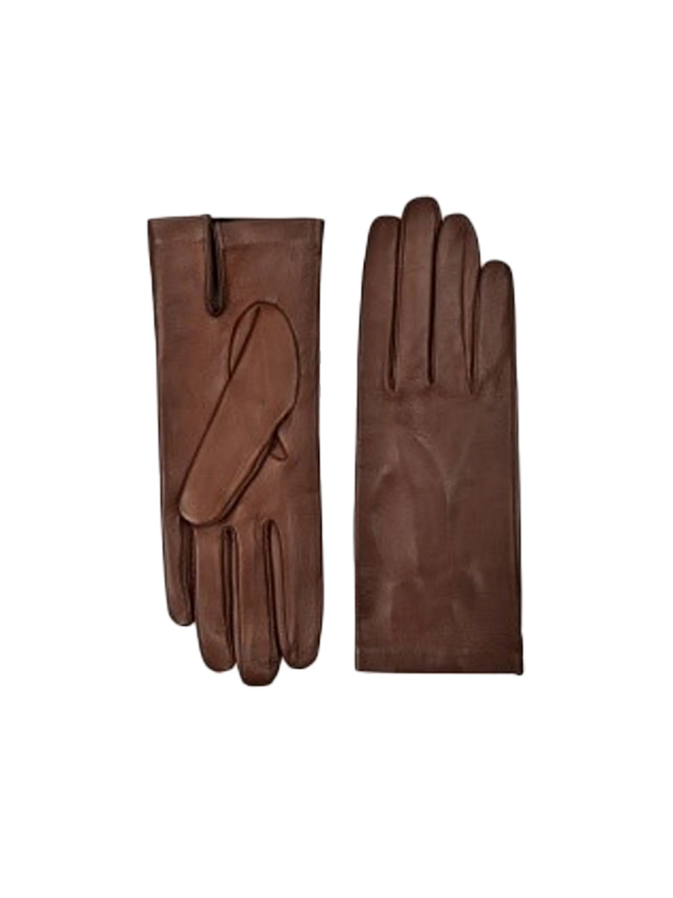 Two dark brown leather gloves. One displays a wrist strap; the other shows the back of the hand and fingers.