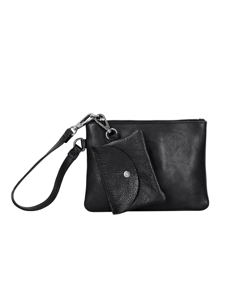 Black leather pouch with wrist strap and smaller attached pouch; silver hardware.