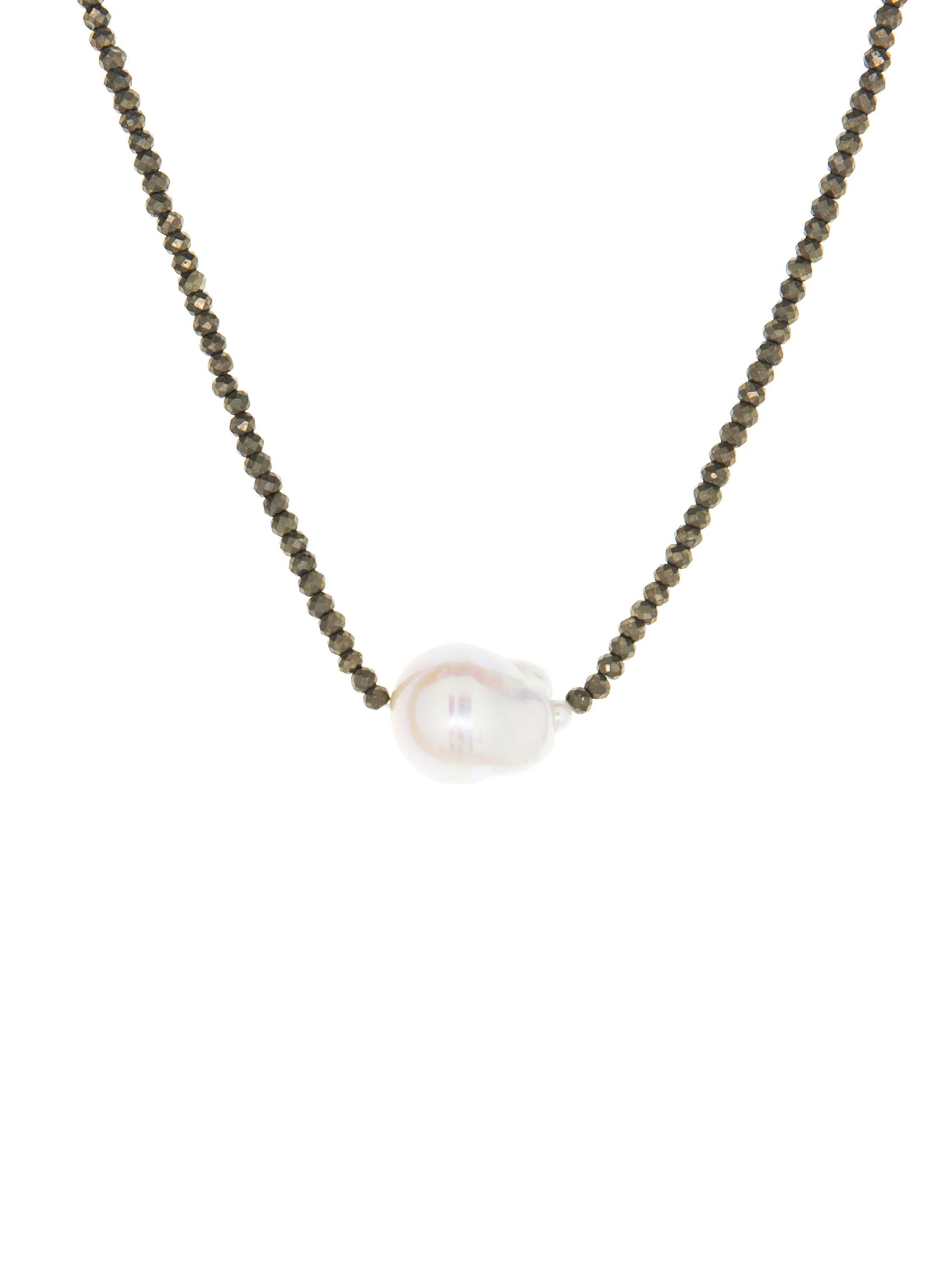 Dark metallic faceted beads choker with a large, off-white iridescent baroque pearl in the center.