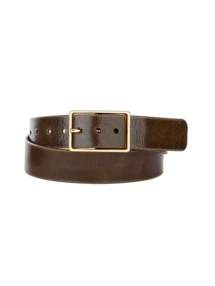 Brown leather belt with gold rectangular buckle. Belt is rolled.