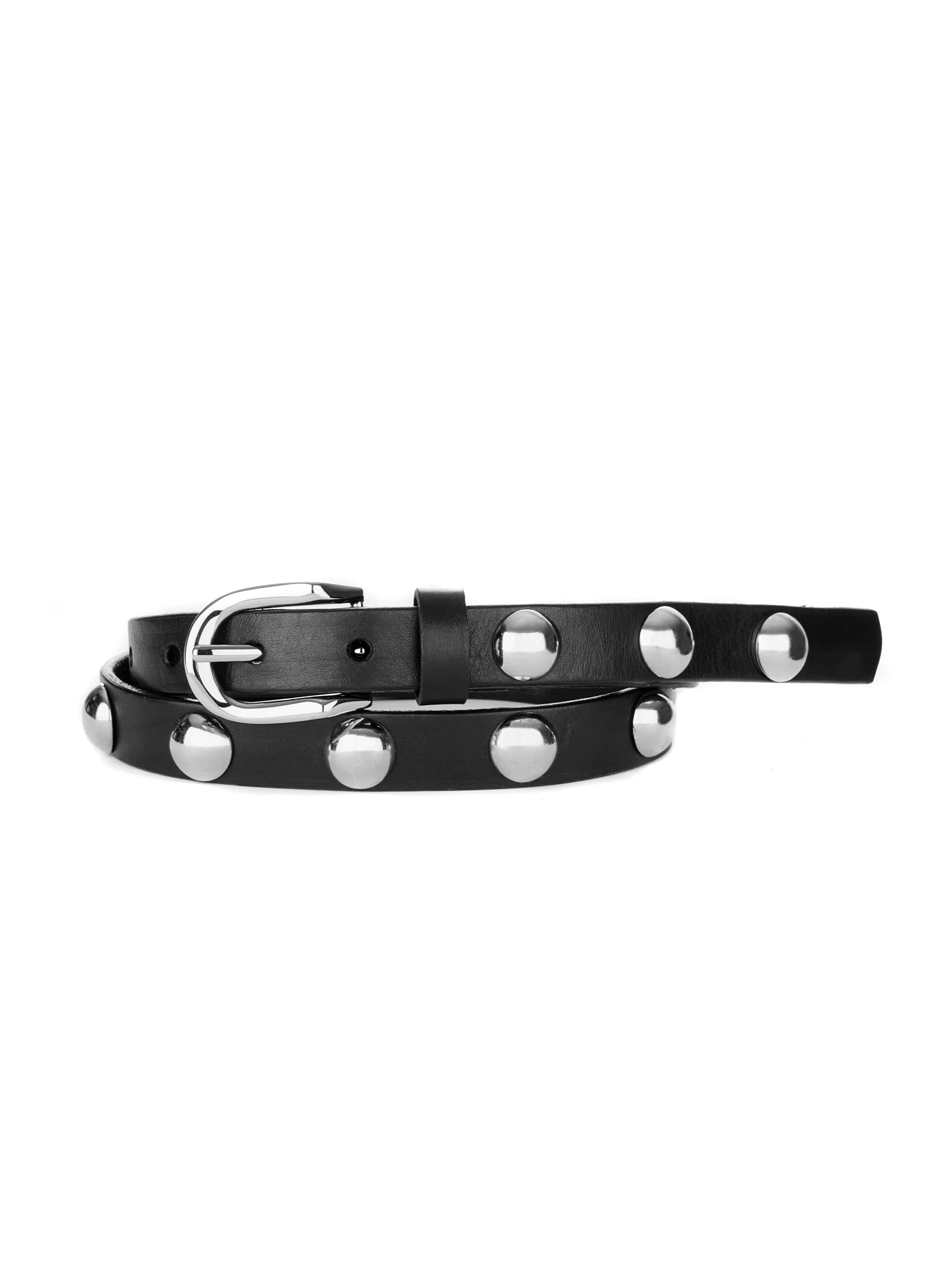 Black leather belt with silver-toned buckle and round studs.