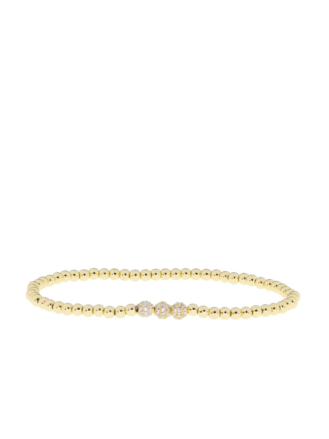 Gold beaded bracelet with three central sparkling crystal beads.