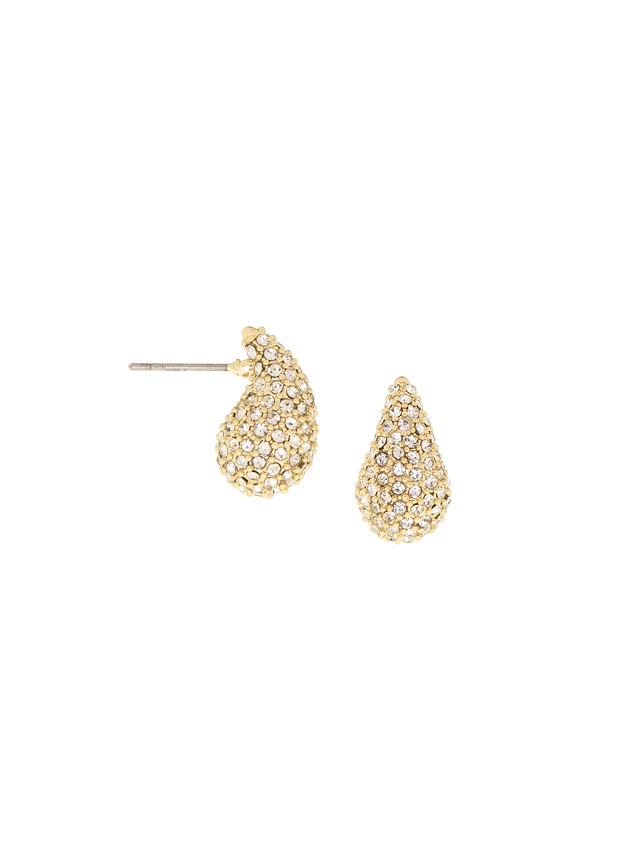 Gold elongated dome earrings, entirely covered in small, clear, sparkling crystals.