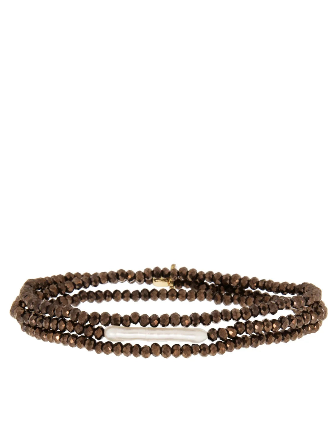 Three-strand bracelet with dark brown faceted beads and a centered, elongated cream pearl.