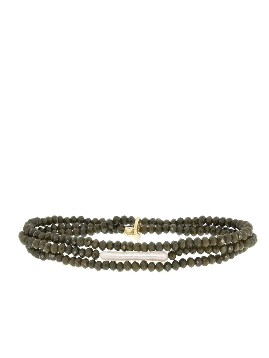 Multi-strand dark olive green faceted bracelet with an irregular off-white pearl and gold accent.