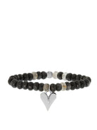 Beaded bracelet with dark faceted mocha-toned beads and mottled grey beads, featuring a shiny silver heart charm.