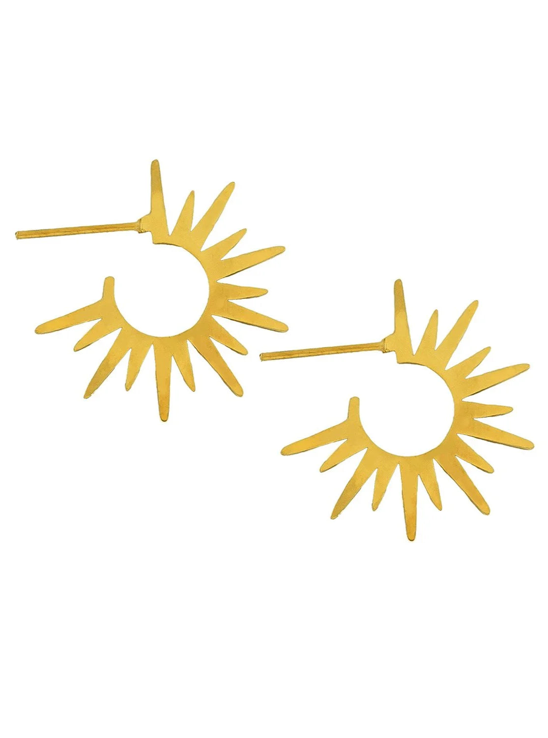 Pair of matte gold starburst hoop earrings with radiating pointed rays and an ear post.