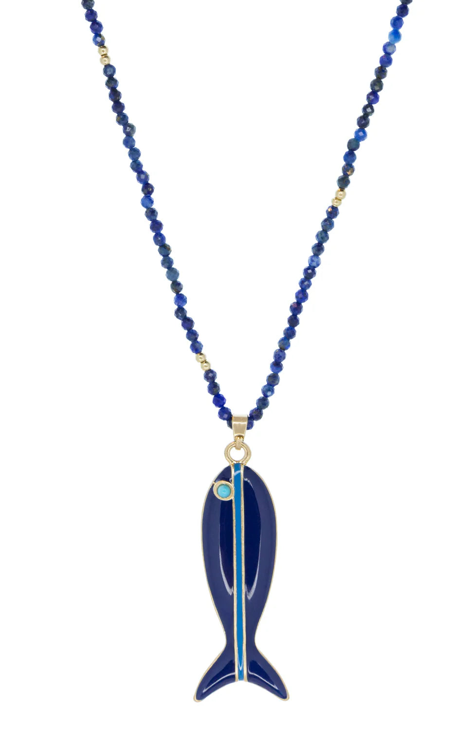 Dark blue beaded necklace with gold accents, featuring a dark blue enamel fish pendant with a light blue stripe and...
