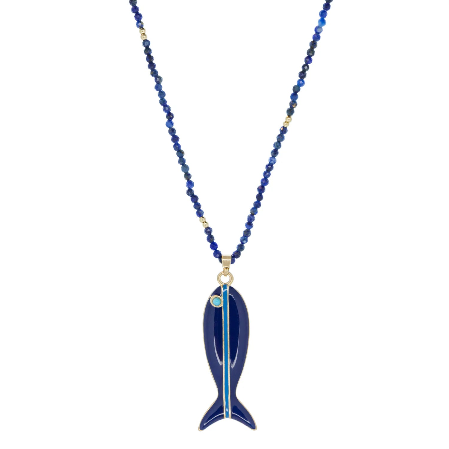 Dark blue beaded necklace with gold accents, featuring a dark blue enamel fish pendant with a light blue stripe and...