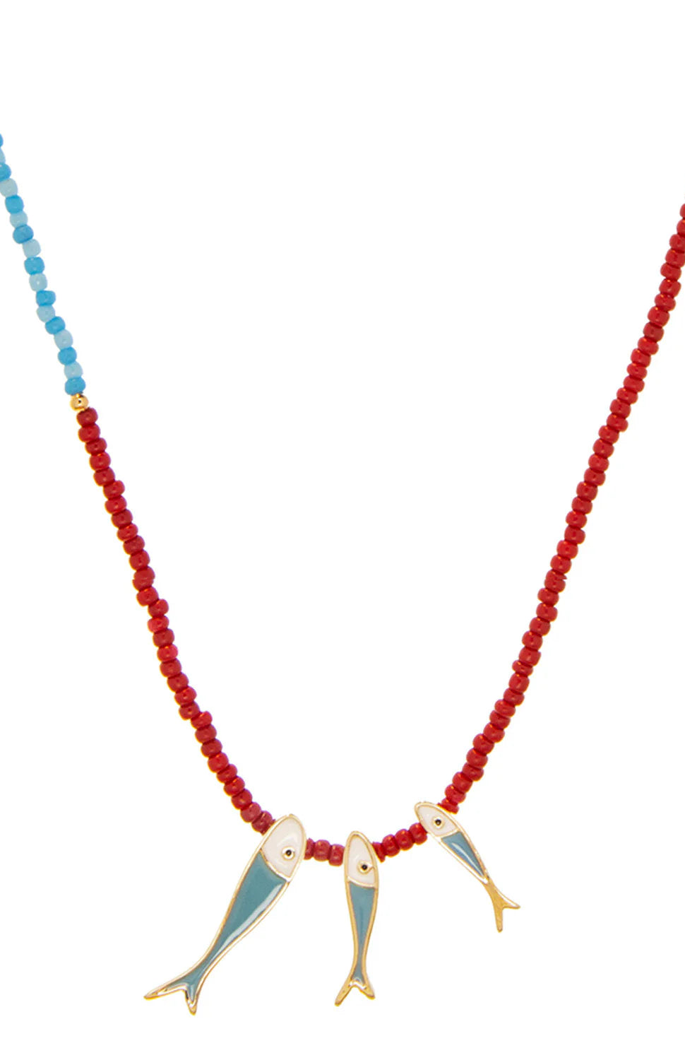 Red & light blue beaded necklace with 3 gold-edged aqua fish pendants, white heads, varying sizes.