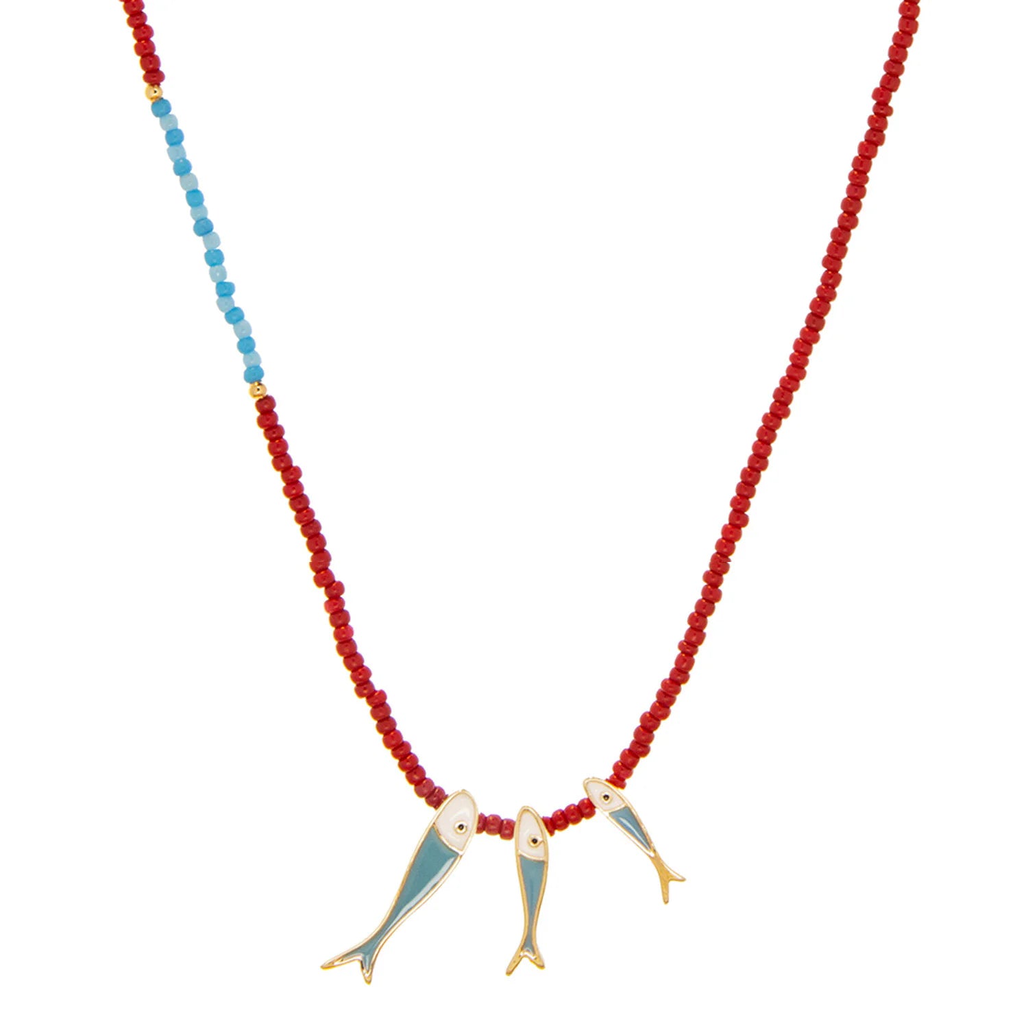 Red & light blue beaded necklace with 3 gold-edged aqua fish pendants, white heads, varying sizes.