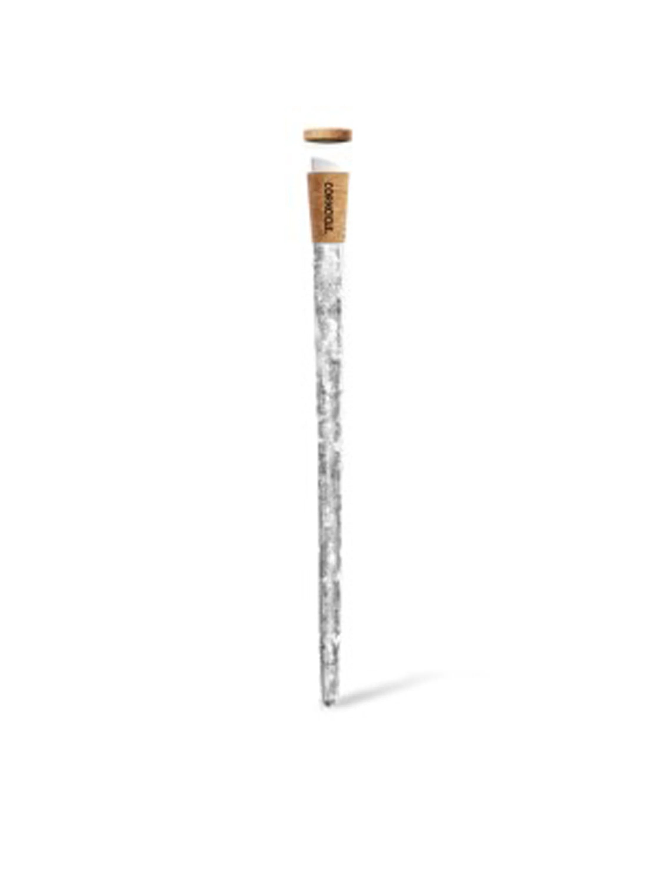 Silver bottle chiller with light wood top and base. Corkcicle logo visible.