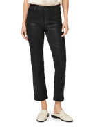 Black, subtly shiny, straight-leg pants. Cropped at the ankle, with button closure and belt loops.