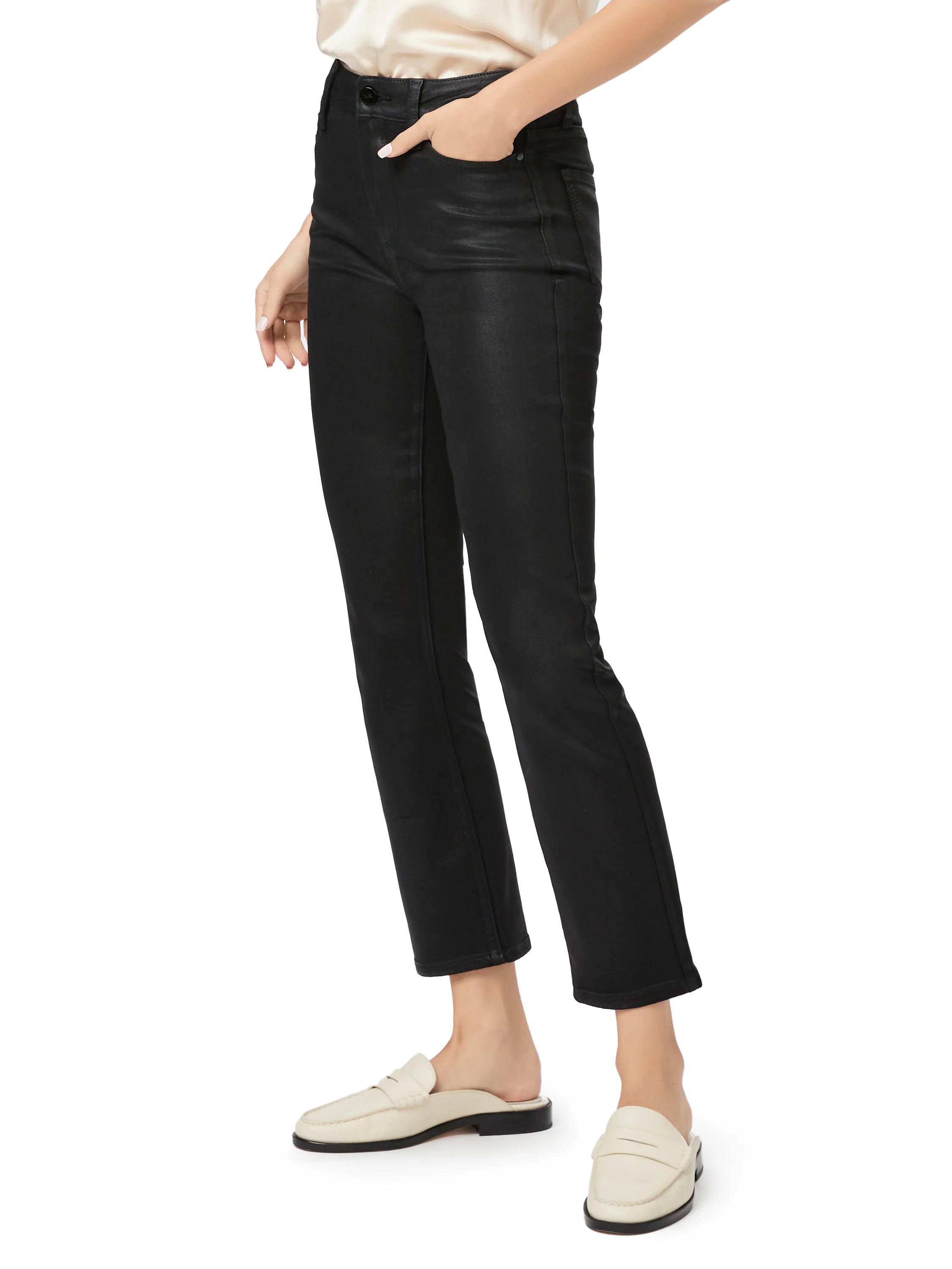 Black coated straight-leg pants with a subtle sheen, high-waisted and cropped above the ankle.
