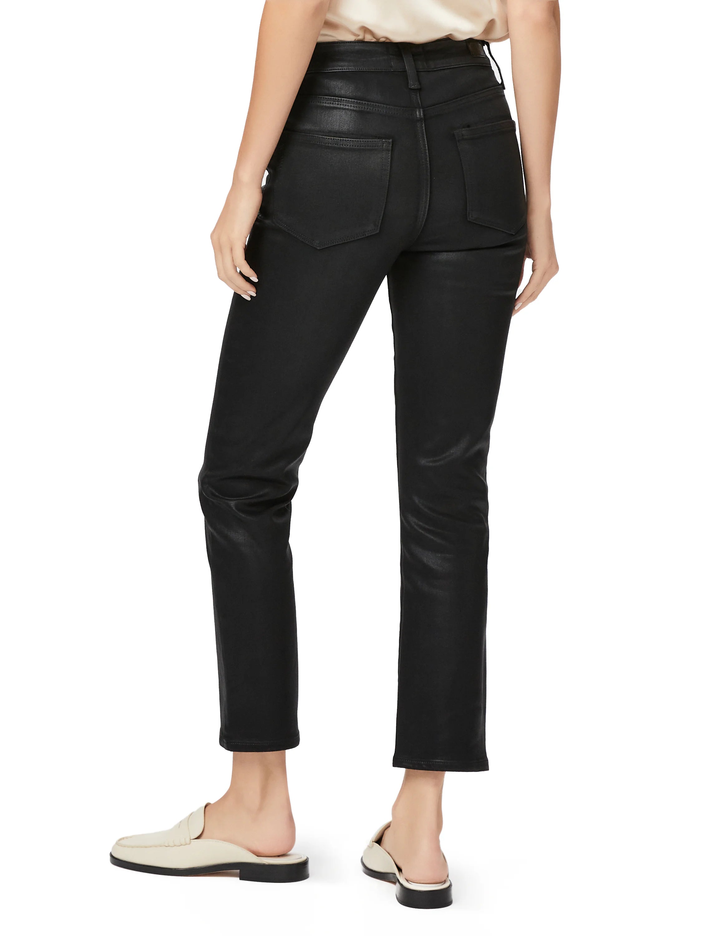 Black coated straight-leg pants with a subtle sheen, seen from behind. Features back pockets and ankle-length cut.