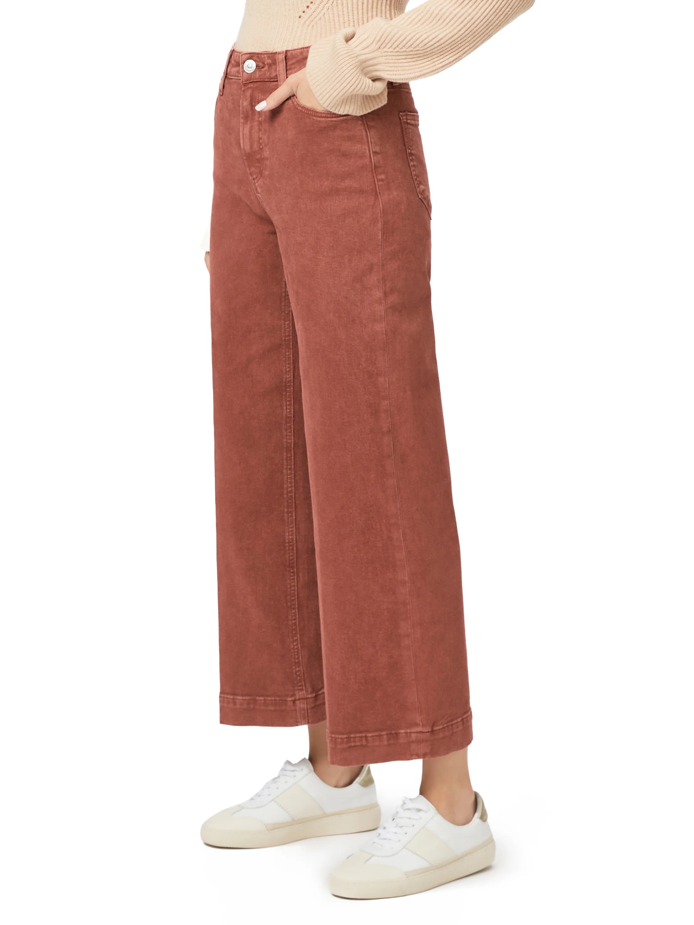 Faded reddish-brown wide-leg jeans. High-waisted, cropped length, with visible front pockets and button.