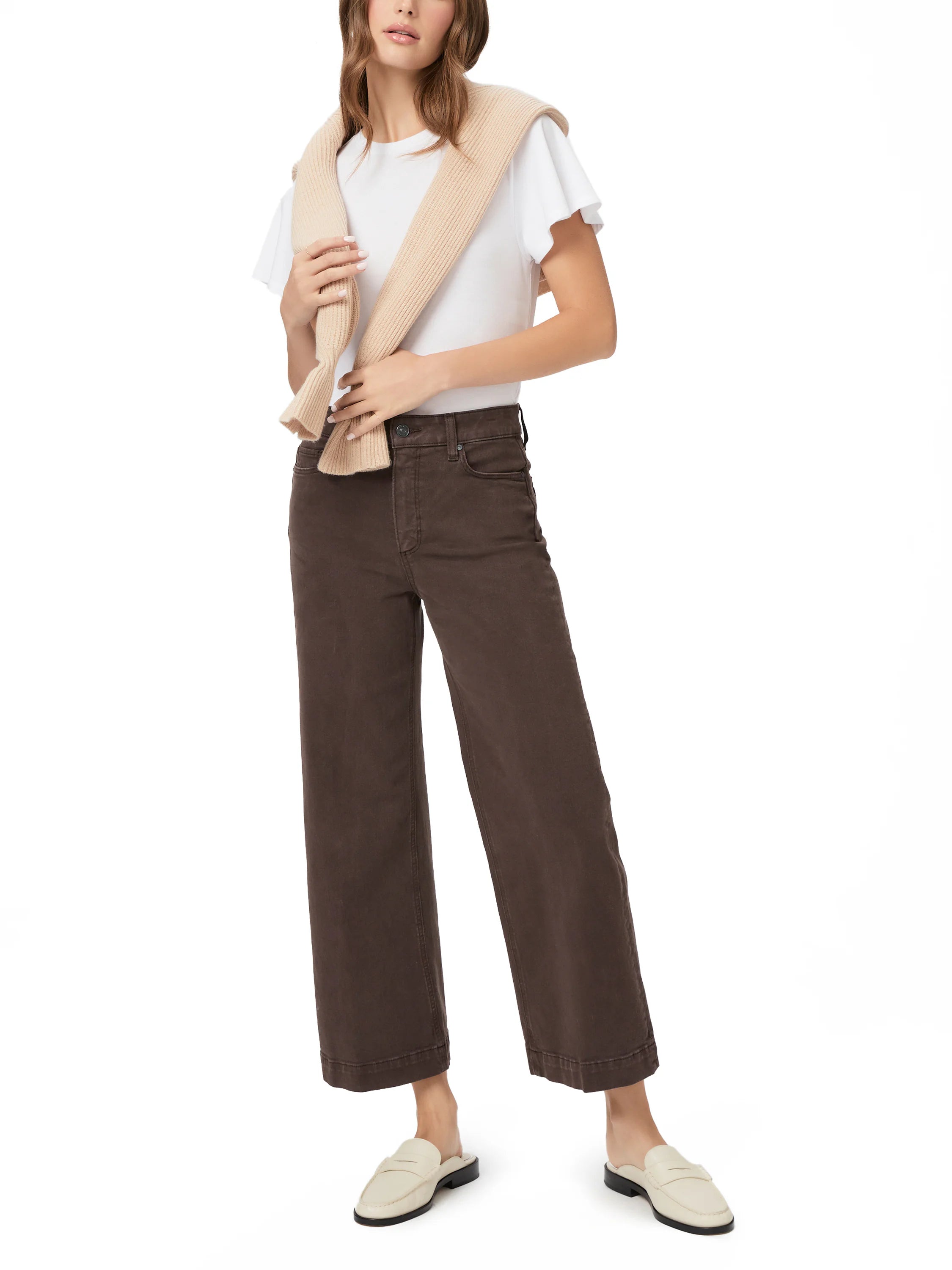 Dark brown, high-waisted, wide-leg, cropped denim jeans.