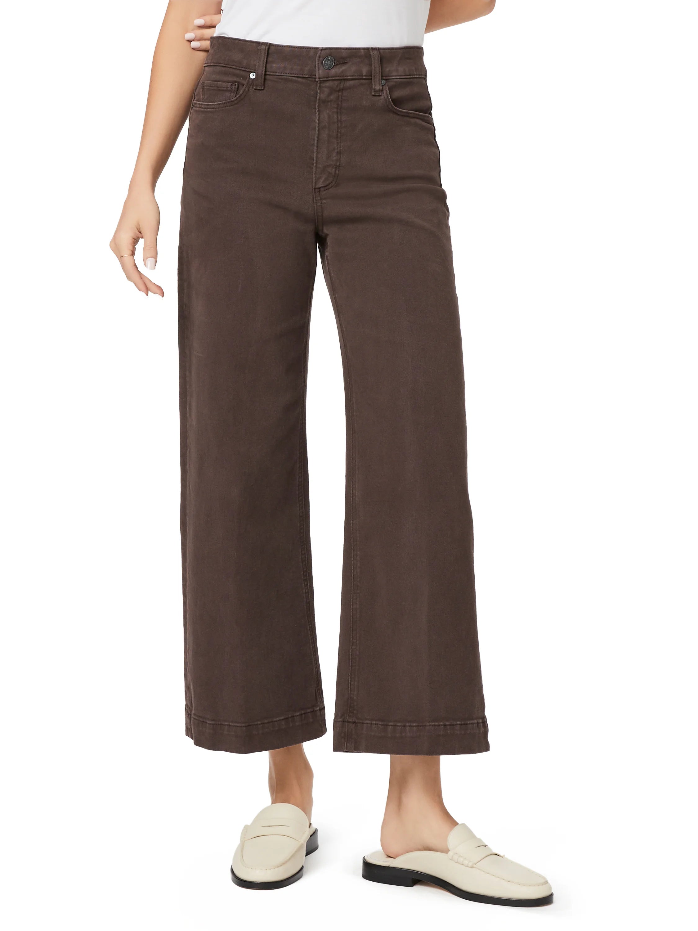 Dark brown wide-leg cropped jeans with front pockets, belt loops, and button fly.
