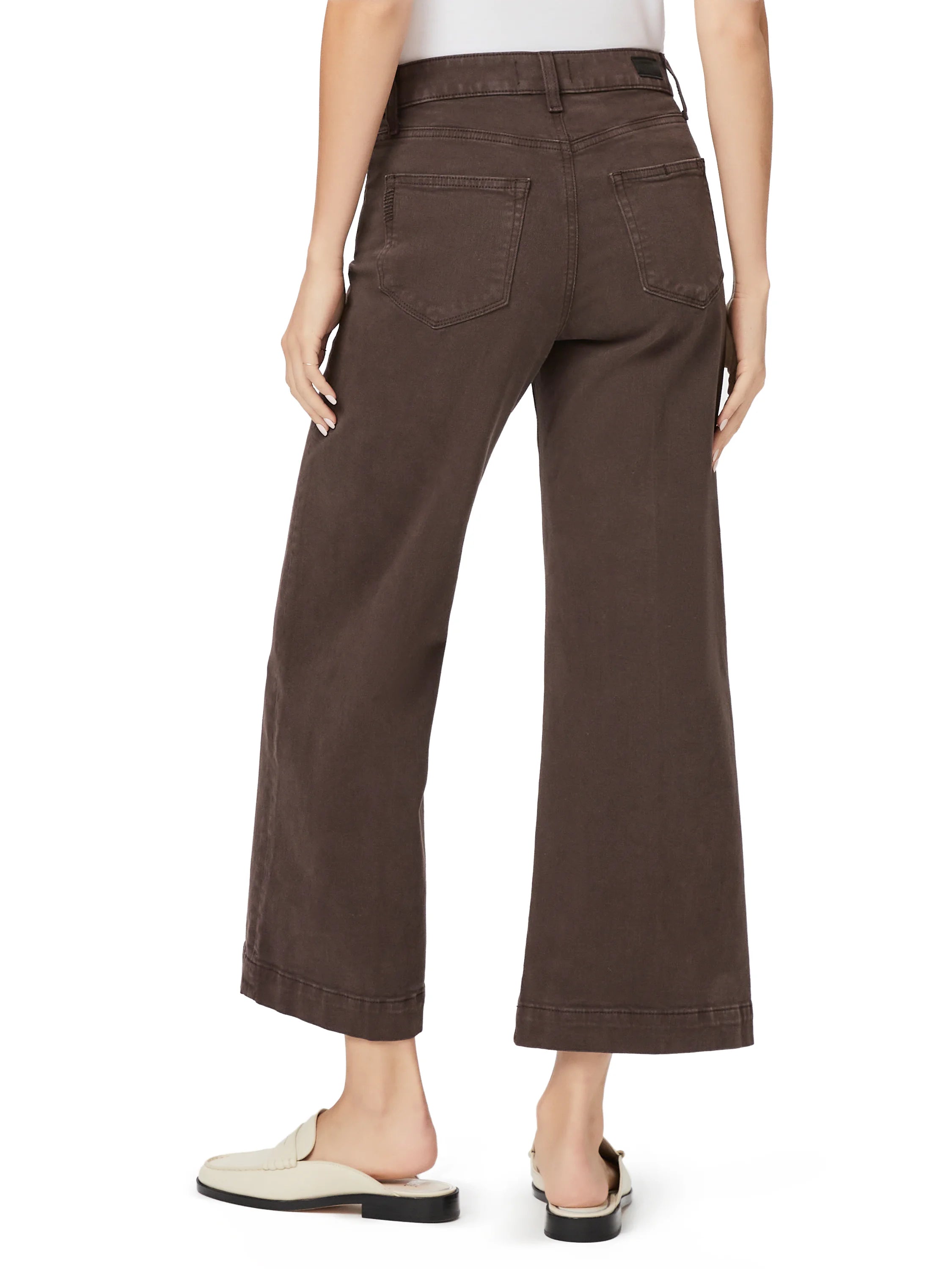 Back view of dark brown wide-leg cropped jeans. Features belt loops and two patch pockets.