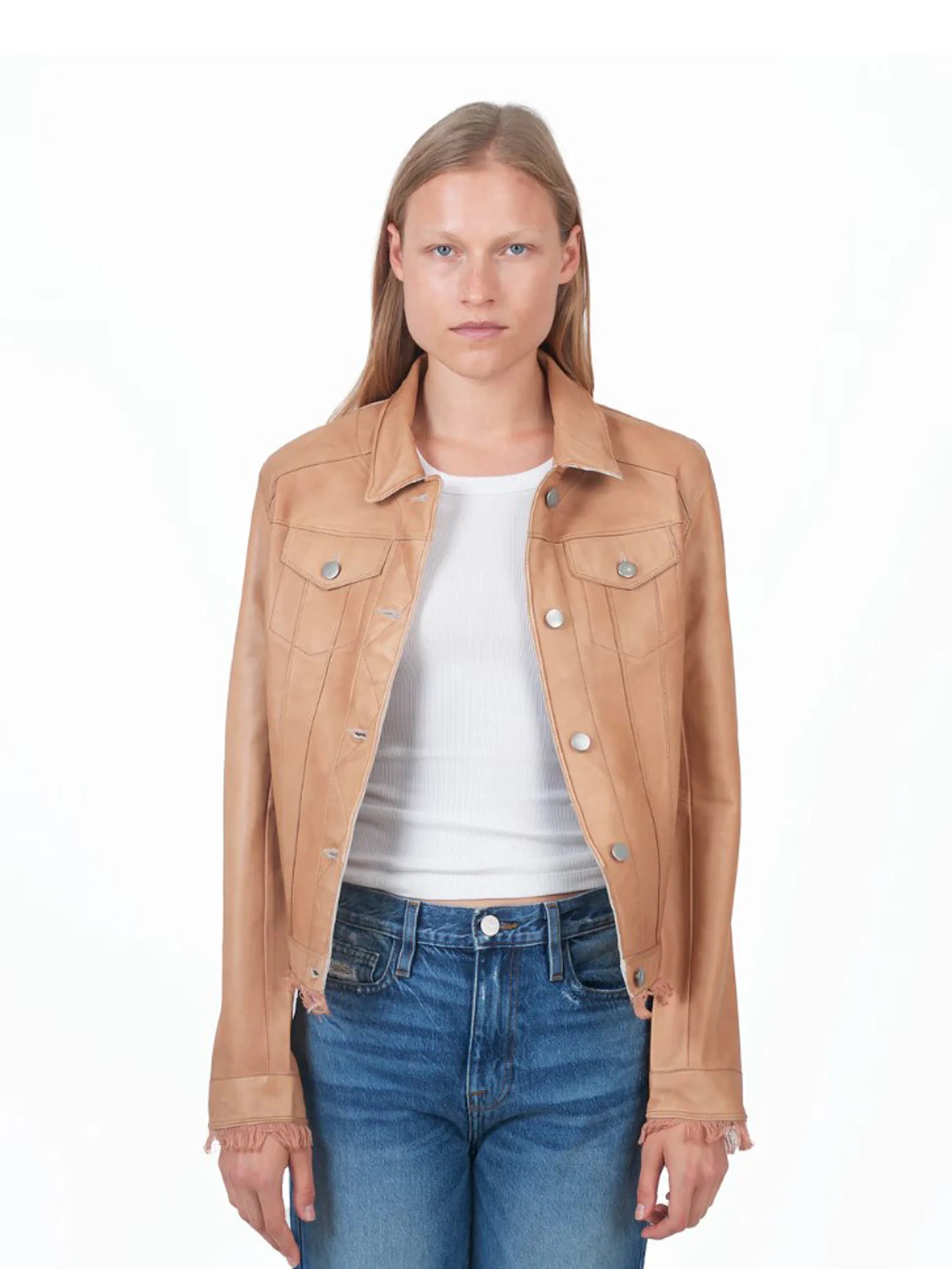 Light brown leather jacket, button front, frayed edges at cuffs and hem. Silver buttons.