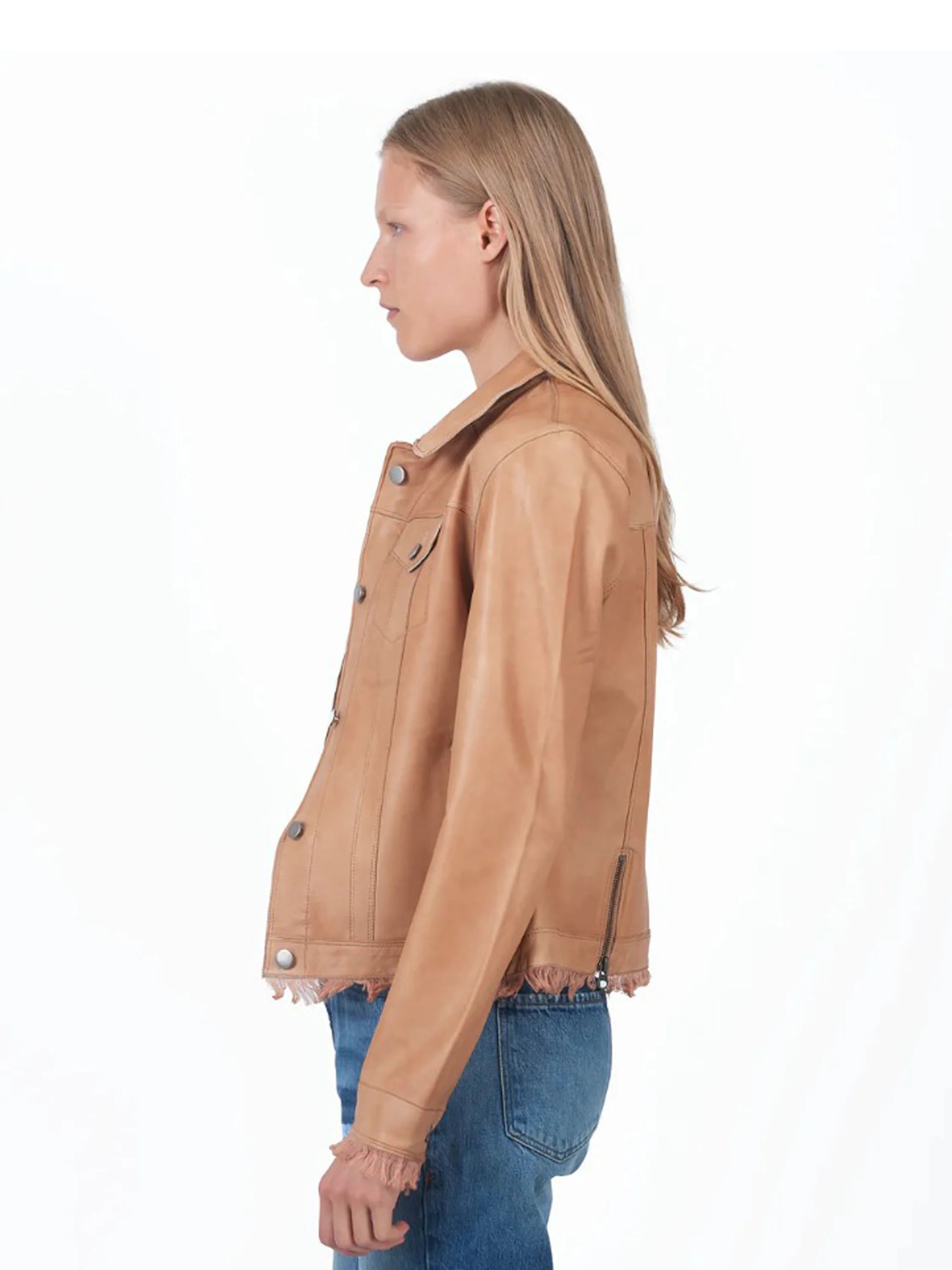 Light brown leather jacket, button front, frayed hem and cuffs. Side zip.