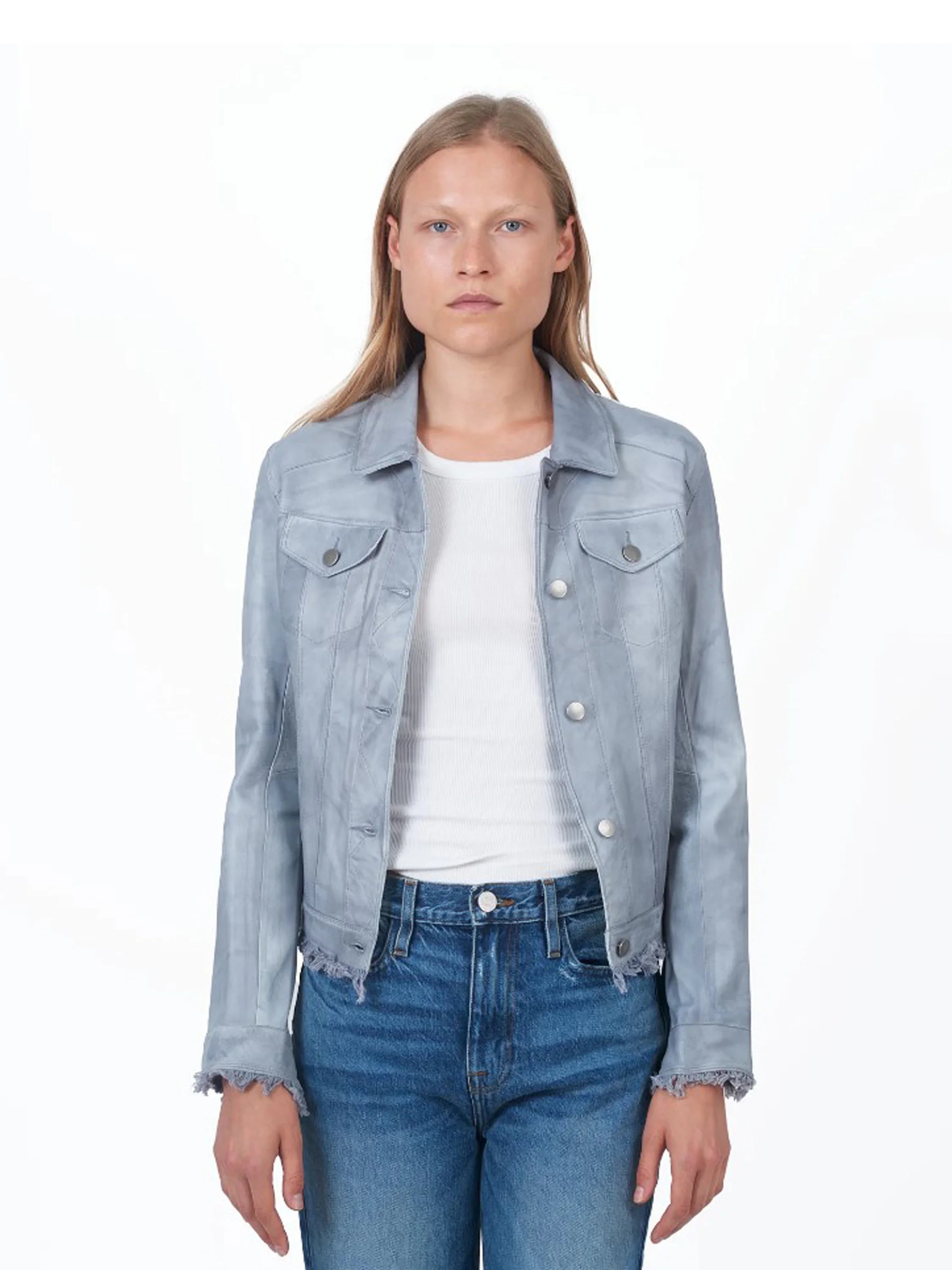 Light gray leather jacket, button front, frayed cuffs and hem. Silver buttons.