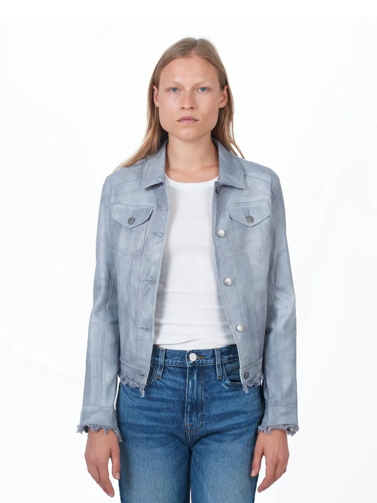 Light gray leather jacket, button front, frayed cuffs and hem. Silver buttons.