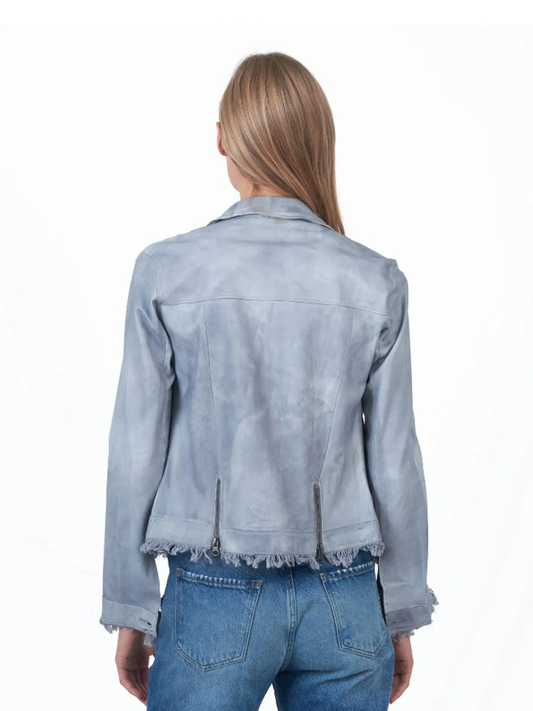 Light blue leather jacket, back view. Frayed hem and cuffs. Zipper closures at sides.