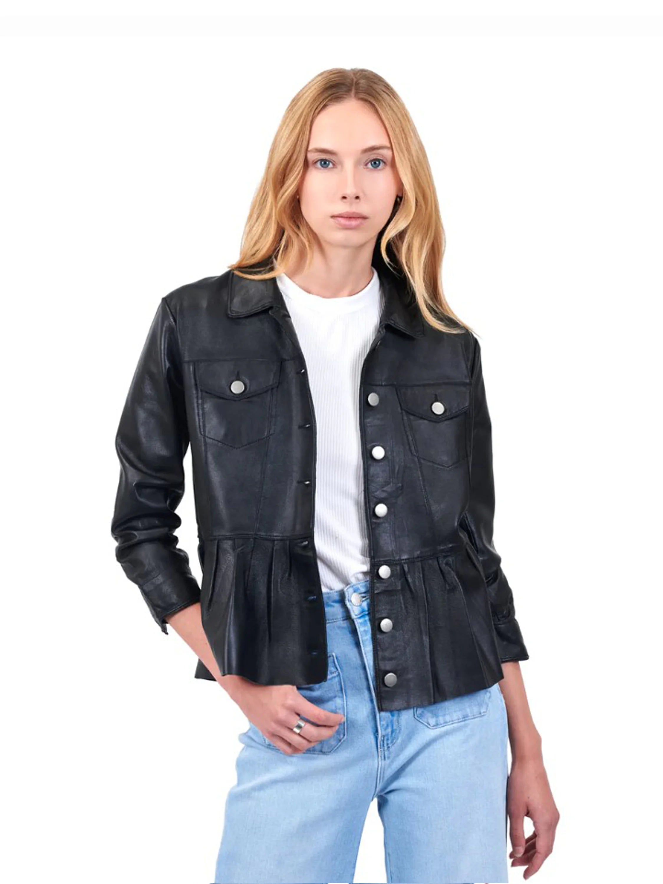 Jkt Brie Burnished Leather With Peplum Heam in Blk