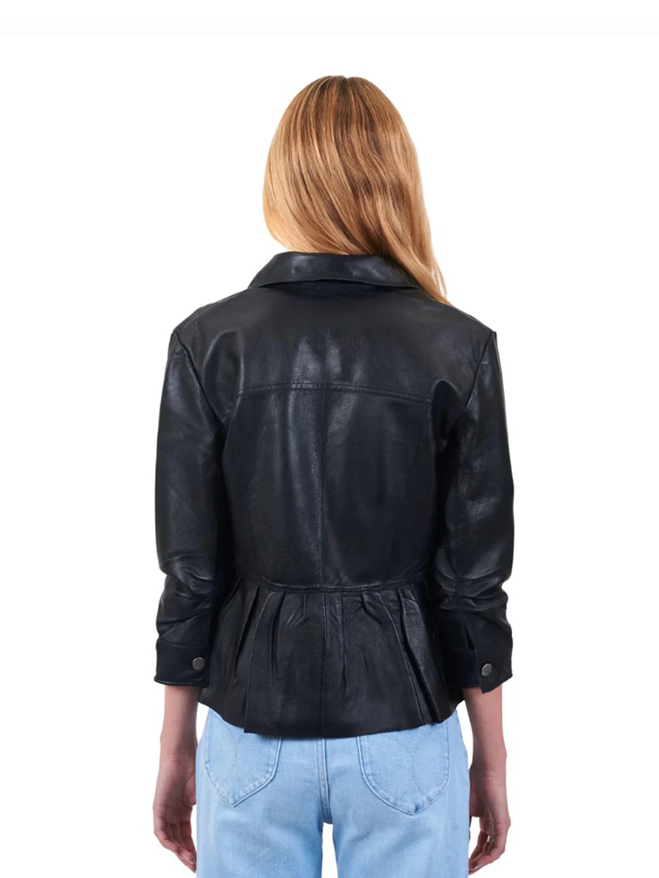 Black leather jacket, peplum hem, three-quarter sleeves, collared. Rear view.