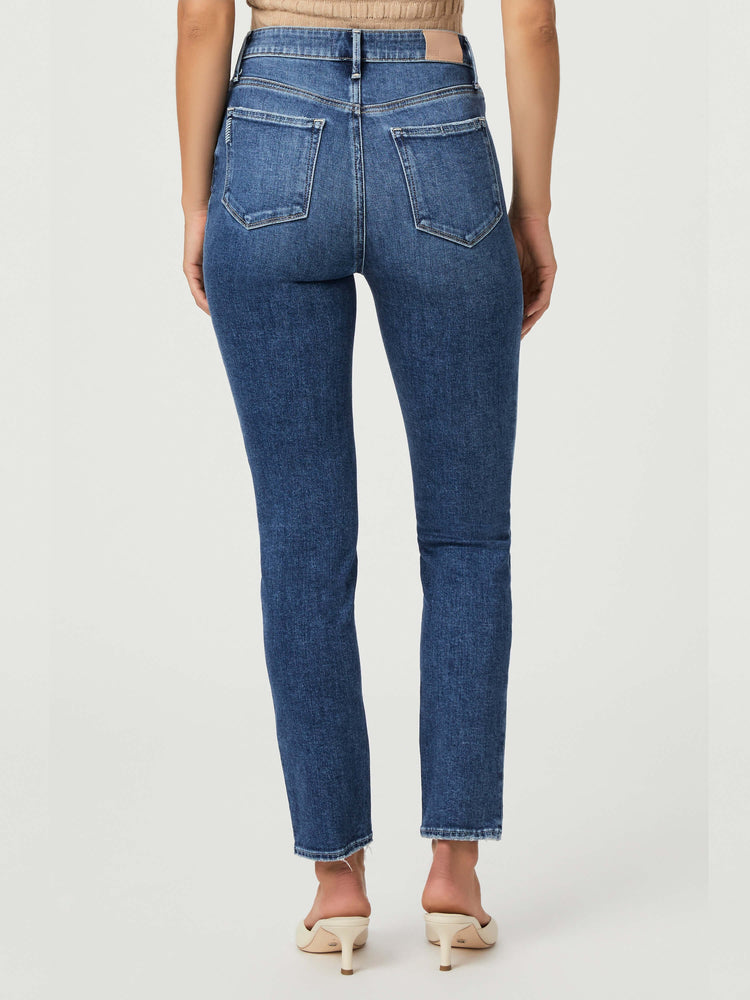 Here's alt text for the image, suitable for visually impaired users:
"Back view of dark wash slim-fit jeans, featuring a...