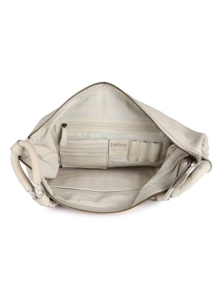 Off-white leather shoulder bag; braided leather handles, off-white interior with zipper closure and pockets.